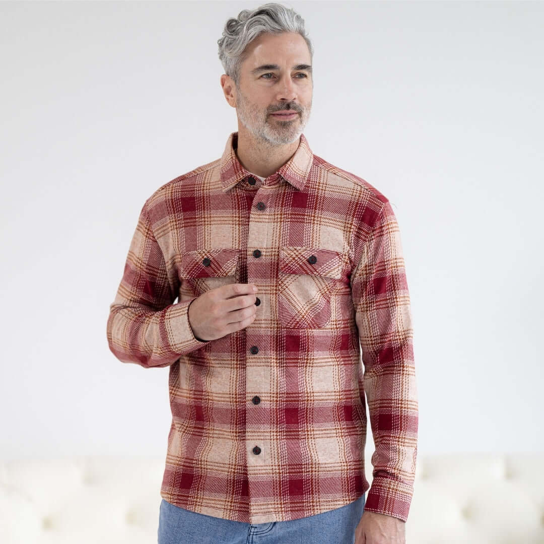 Adaptive Red Plaid Flannel Shirt with Magnetic Closures worn by a man, showcasing comfort and style.