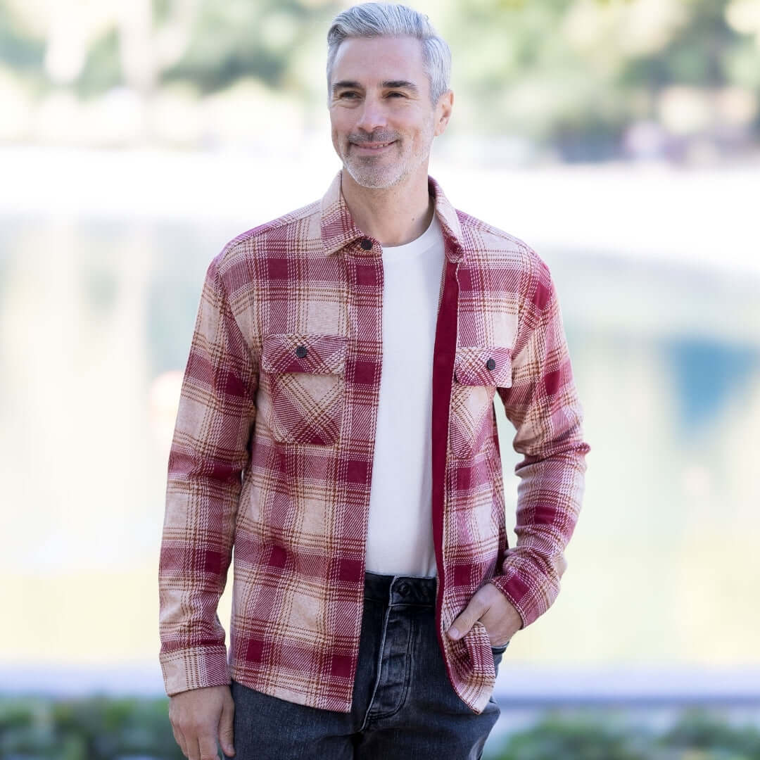 Adaptive Red Plaid Flannel Shirt with Magnetic Closures on a man standing outdoors.