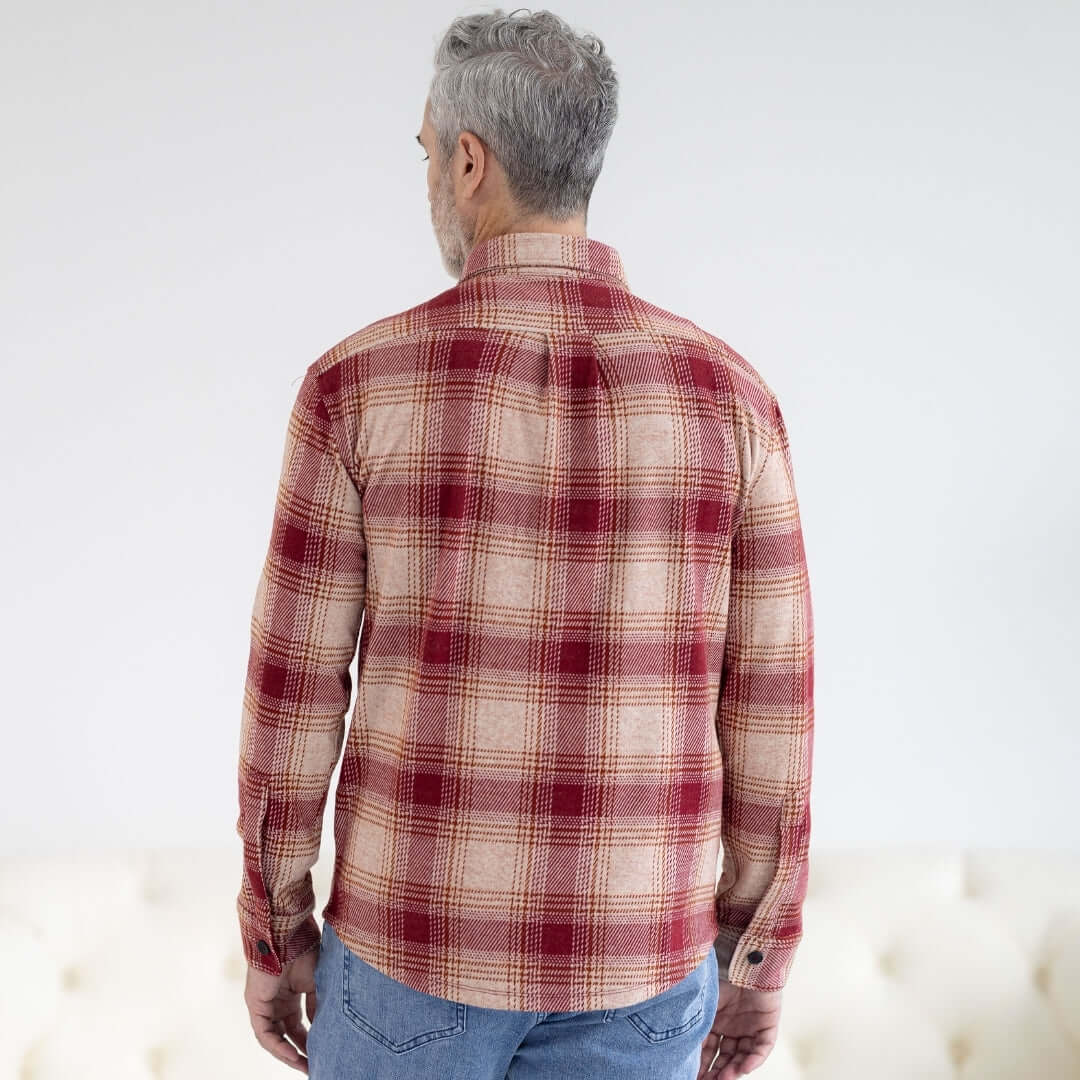 Adaptive Red Plaid Flannel Shirt with Magnetic Closures, showing the back view of the shirt on a man.