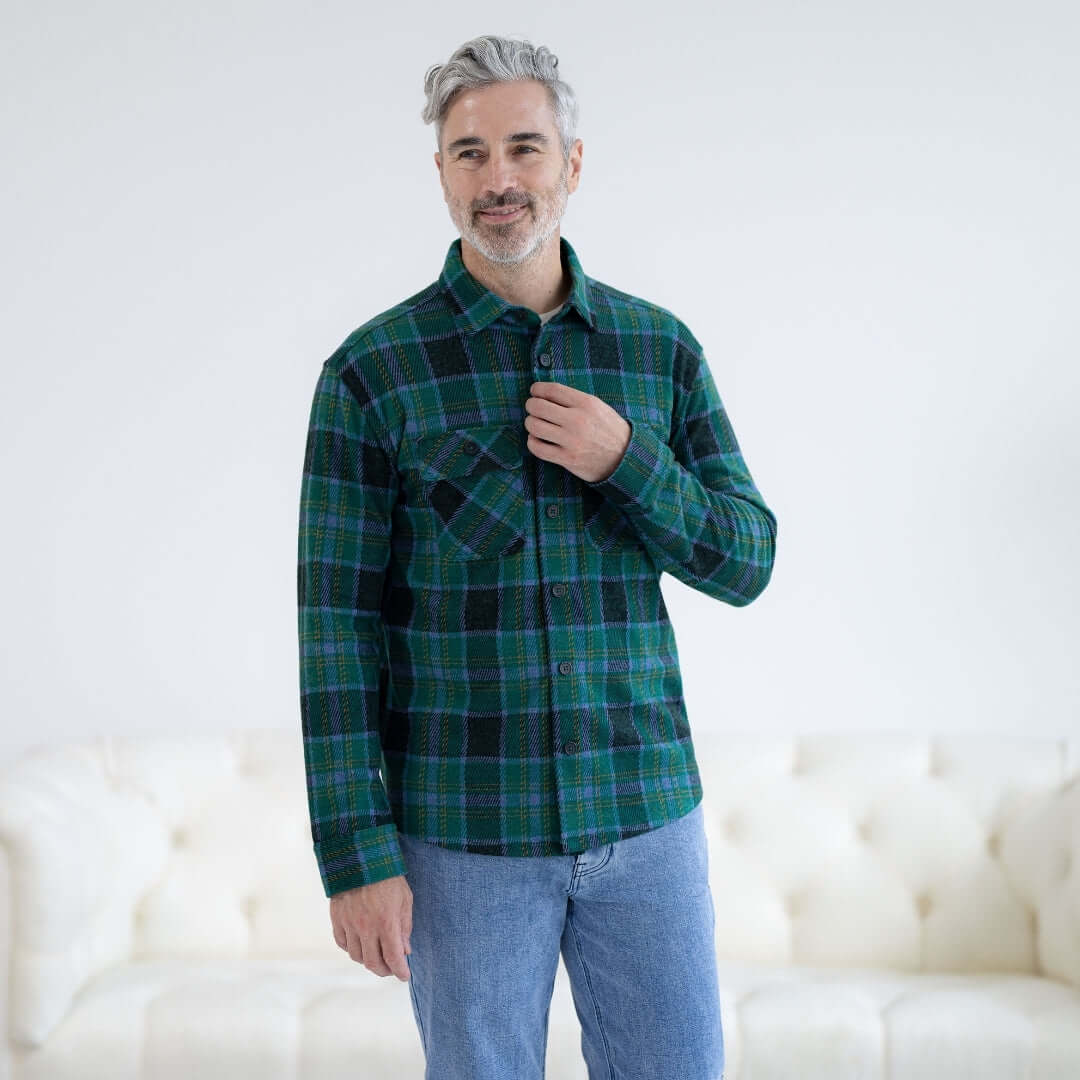 Adaptive Teal Plaid Flannel Shirt with Magnetic Closures, perfect for easy dressing and comfort.