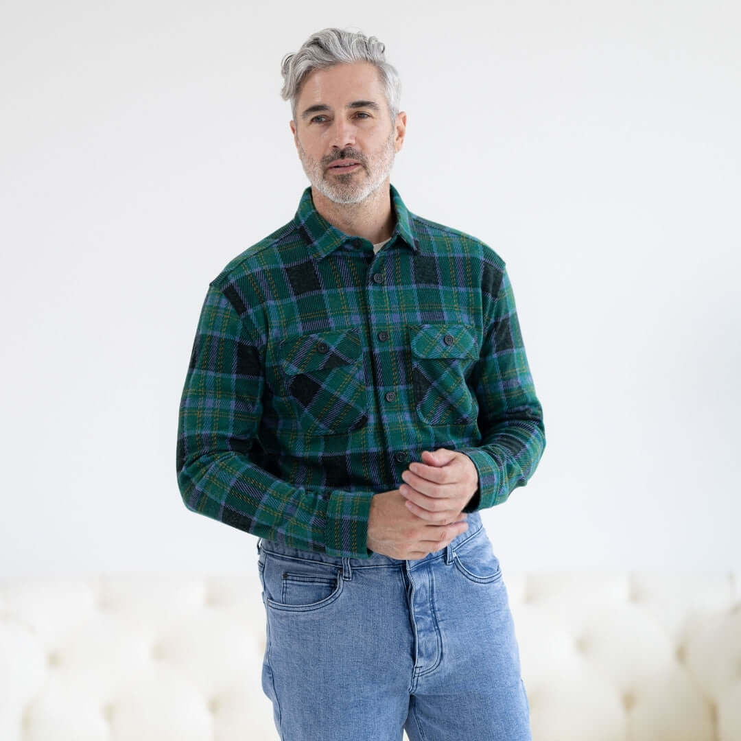 Adaptive Teal Plaid Flannel Shirt with Magnetic Closures on a model, showcasing comfort and style for easy dressing.
