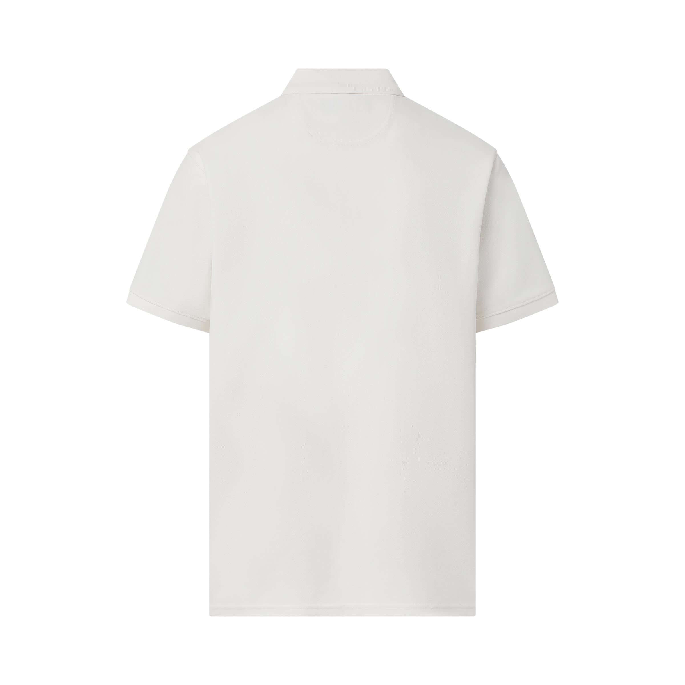 Back view of white pique knit short sleeve polo with MagnaReady® magnetic closures for easy dressing.