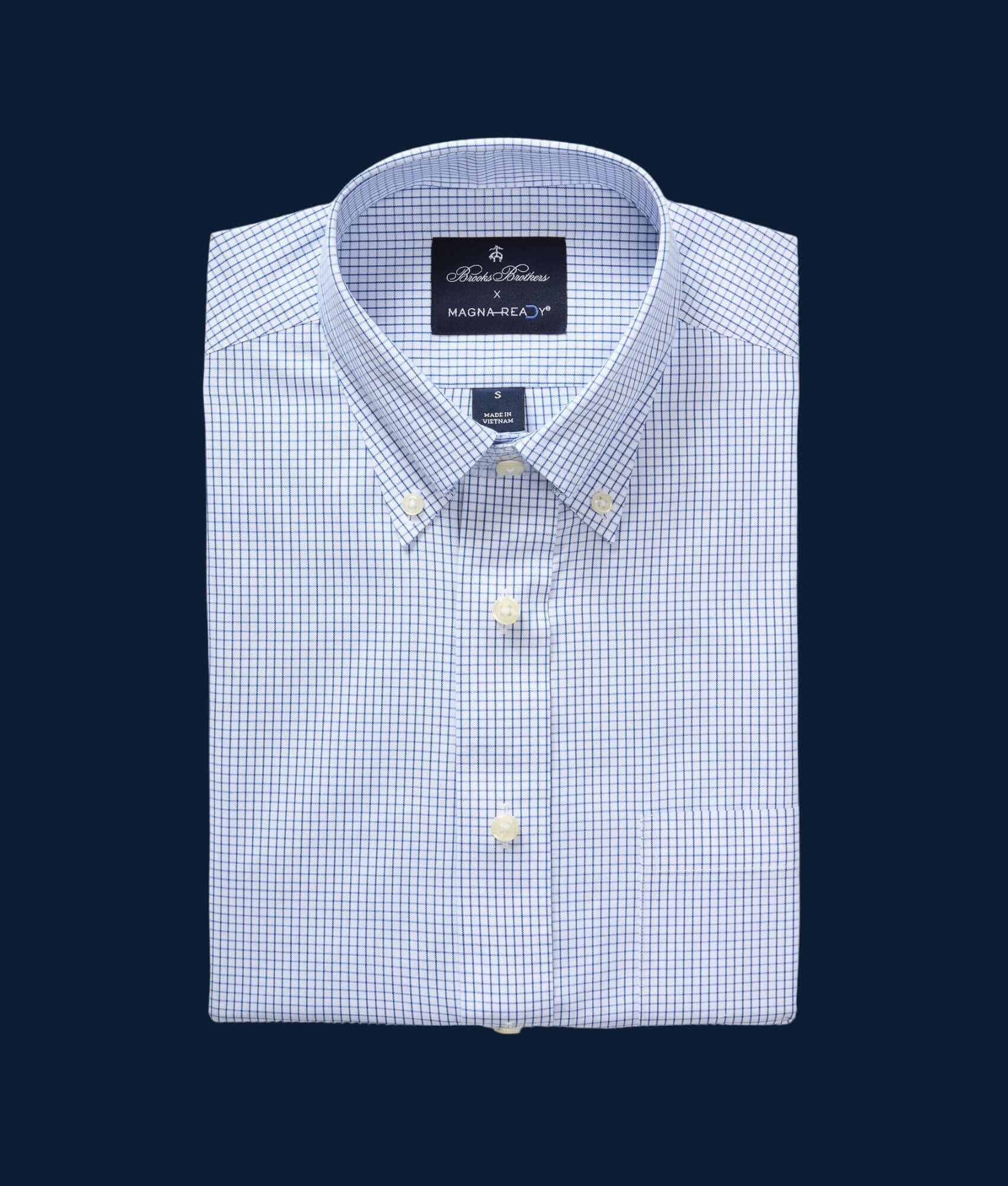 Brooks Brothers x MagnaReady blue and white check button-down collar shirt with magnetic closures, folded neatly.