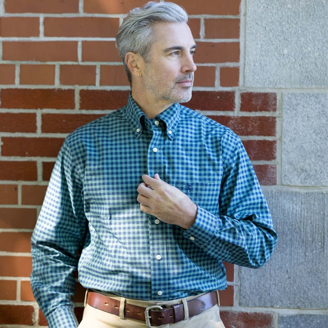 Brooks Brothers X MagnaReady Stretch Long Sleeve Green and Blue Plaid Button-Down Collar with Magnetic Closures