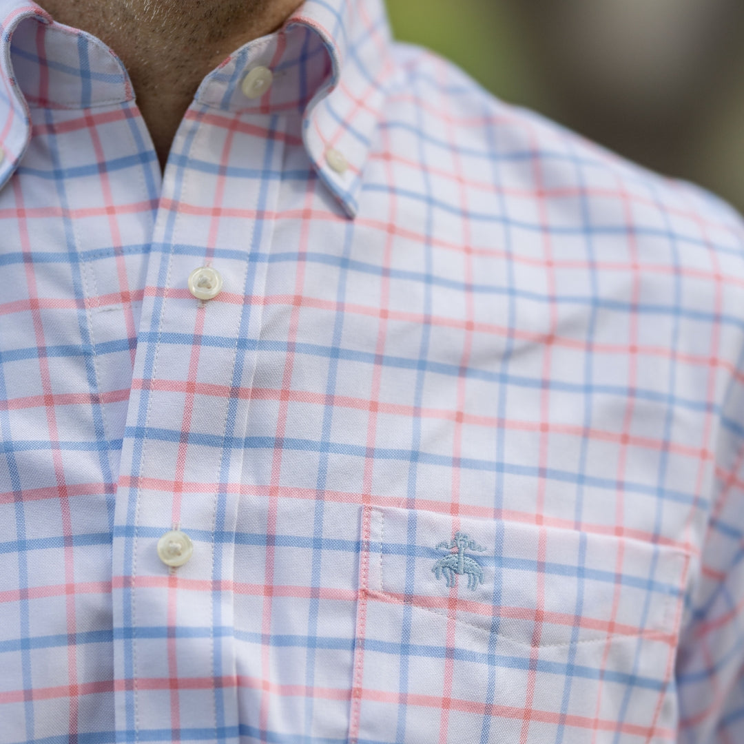 Brooks Brothers X MagnaReady Stretch Long Sleeve Pink Plaid Button-Down Collar with Magnetic Closures detail shot