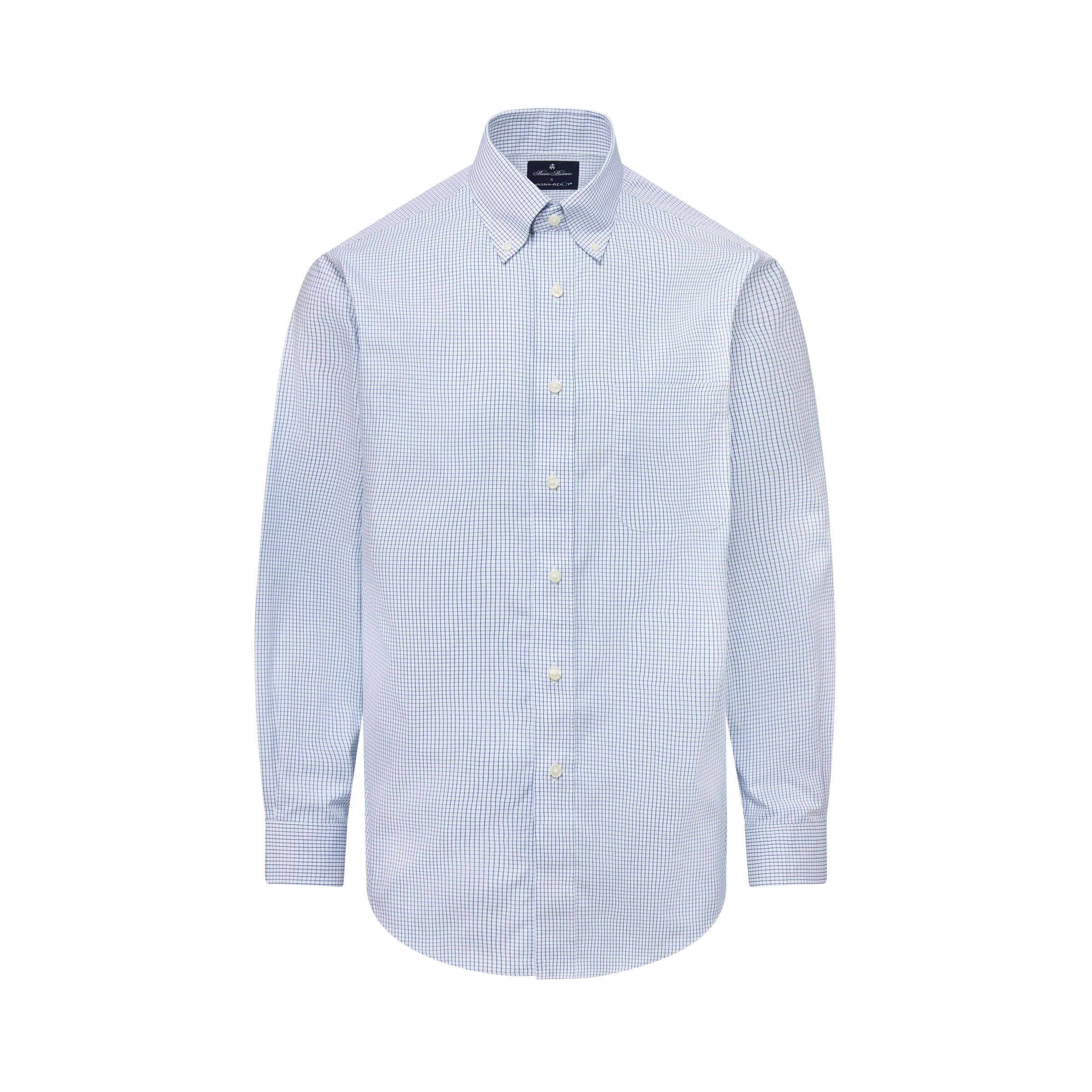 Brooks Brothers x MagnaReady blue and white check button-down shirt with magnetic closures, celebrating 125 years of innovation.