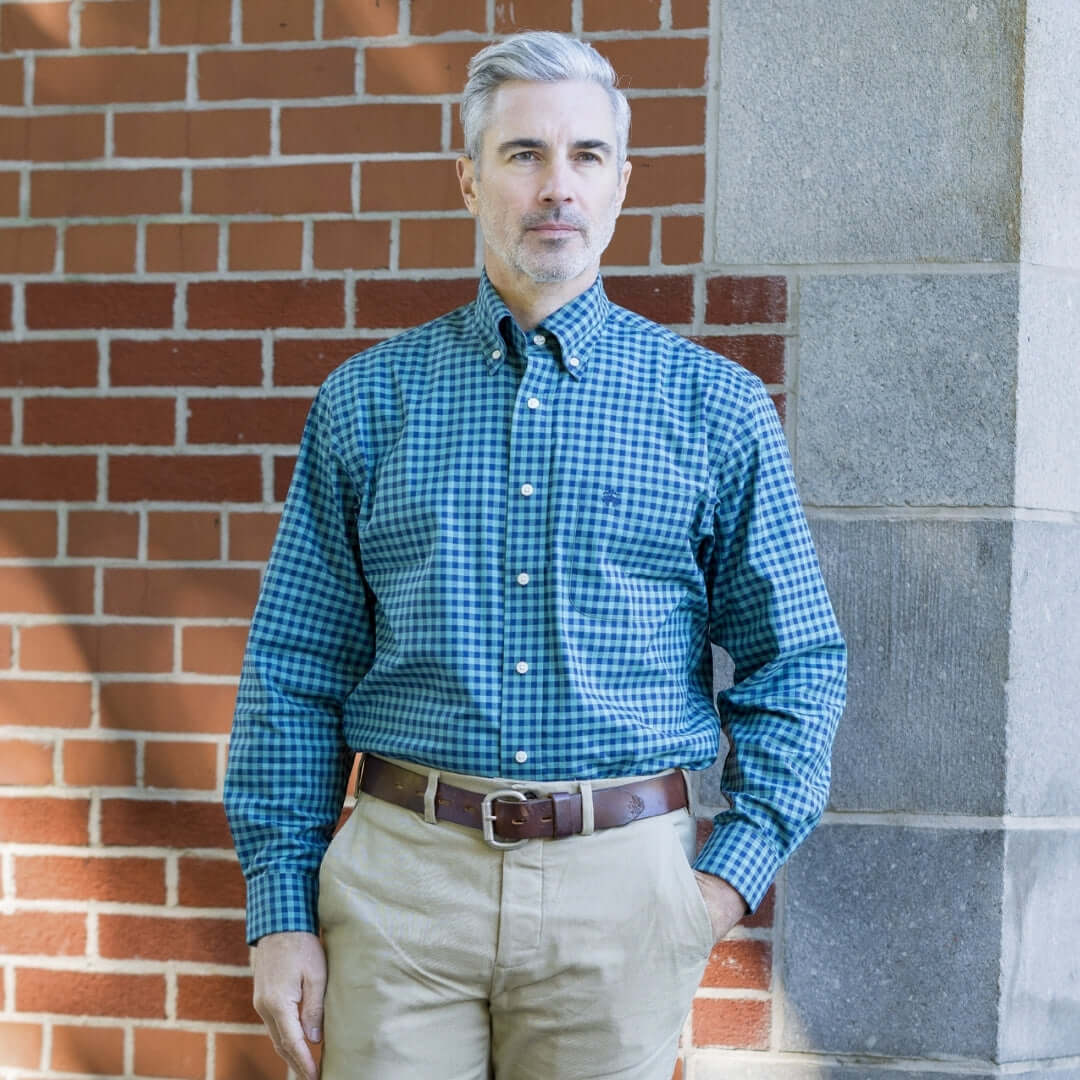 Brooks Brothers X MagnaReady Stretch Long Sleeve Green and Blue Plaid Button-Down Collar with Magnetic Closures worn by a man.