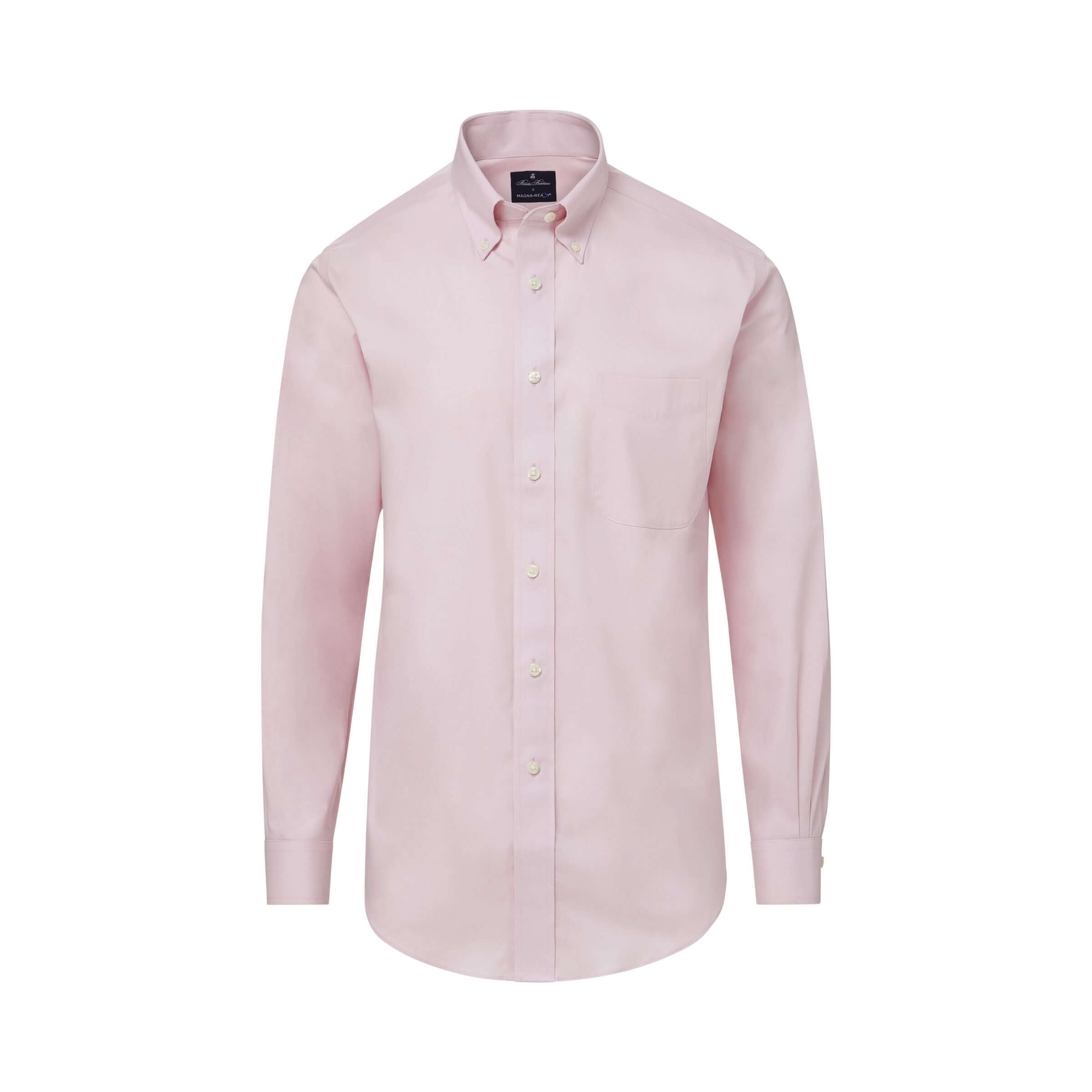 Brooks Brothers X MagnaReady pink long sleeve polo shirt with button-down collar and magnetic closures.