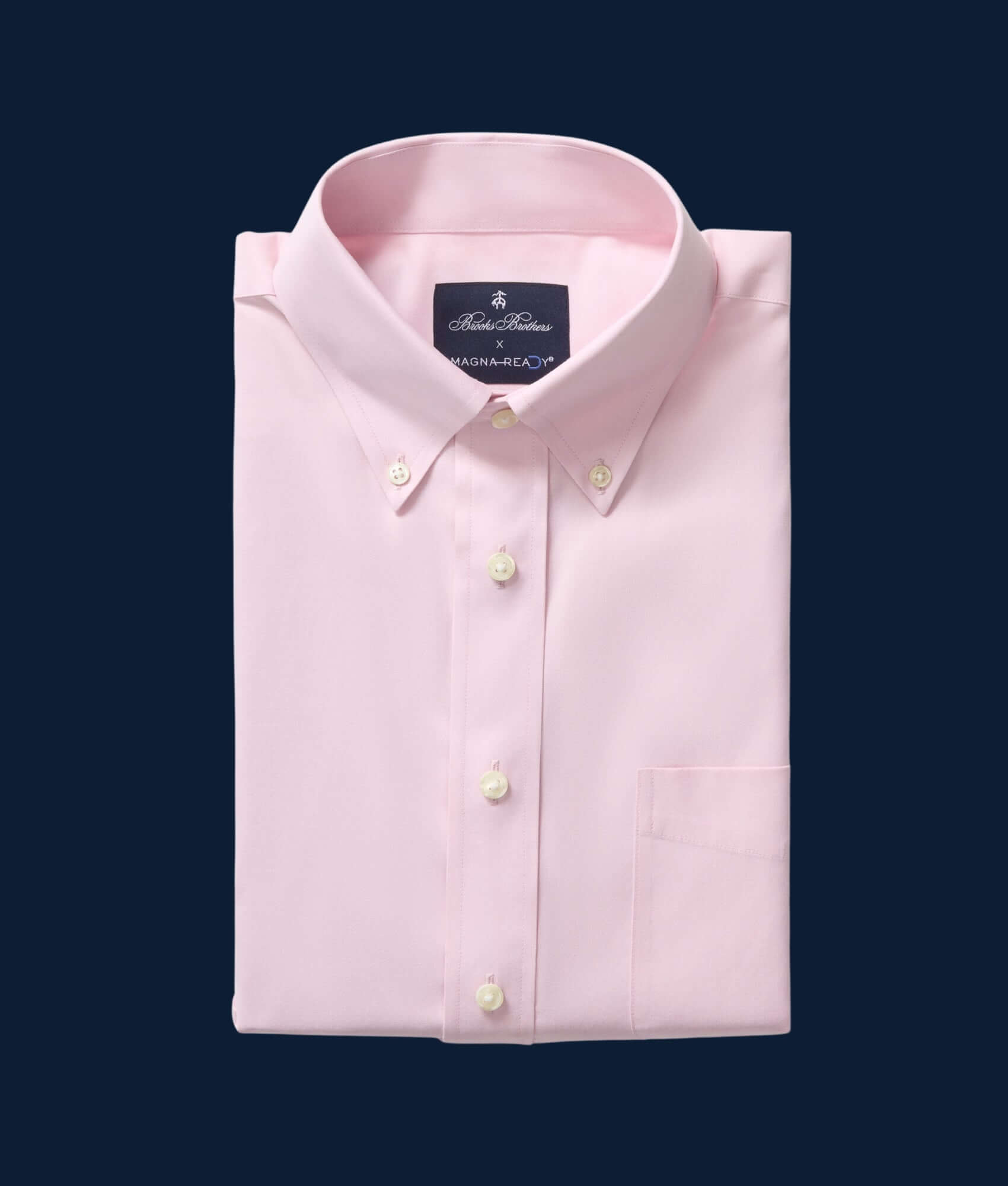 Brooks Brothers x MagnaReady pink polo button-down shirt with magnetic closures, celebrating 125 years of the Oxford shirt.