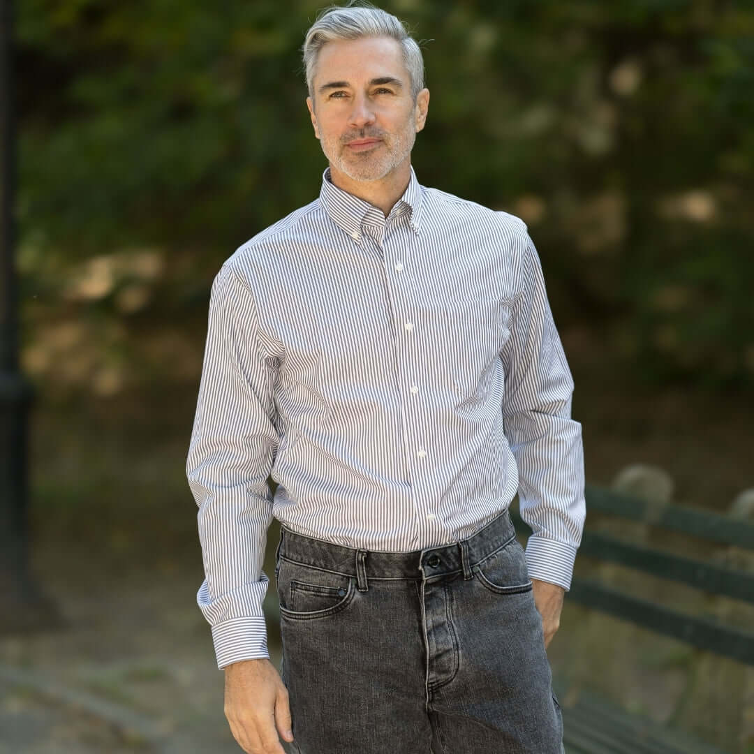 Brown Stripe Long Sleeve Button Down Collar Shirt with Magnetic Closures worn by a man in an outdoor setting.