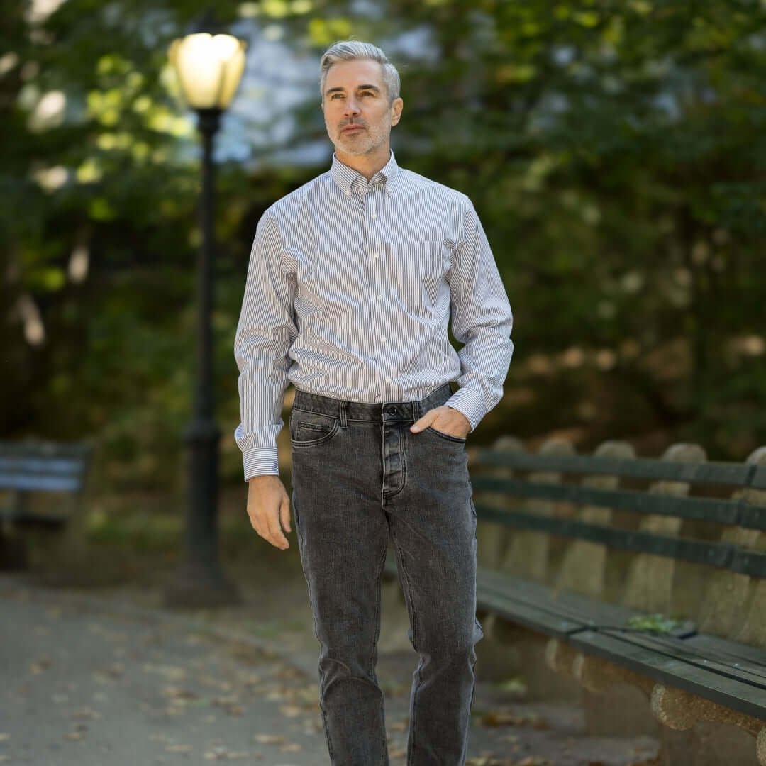 Brown Stripe Long Sleeve Button Down Collar Shirt with Magnetic Closures worn by a man walking in a park.