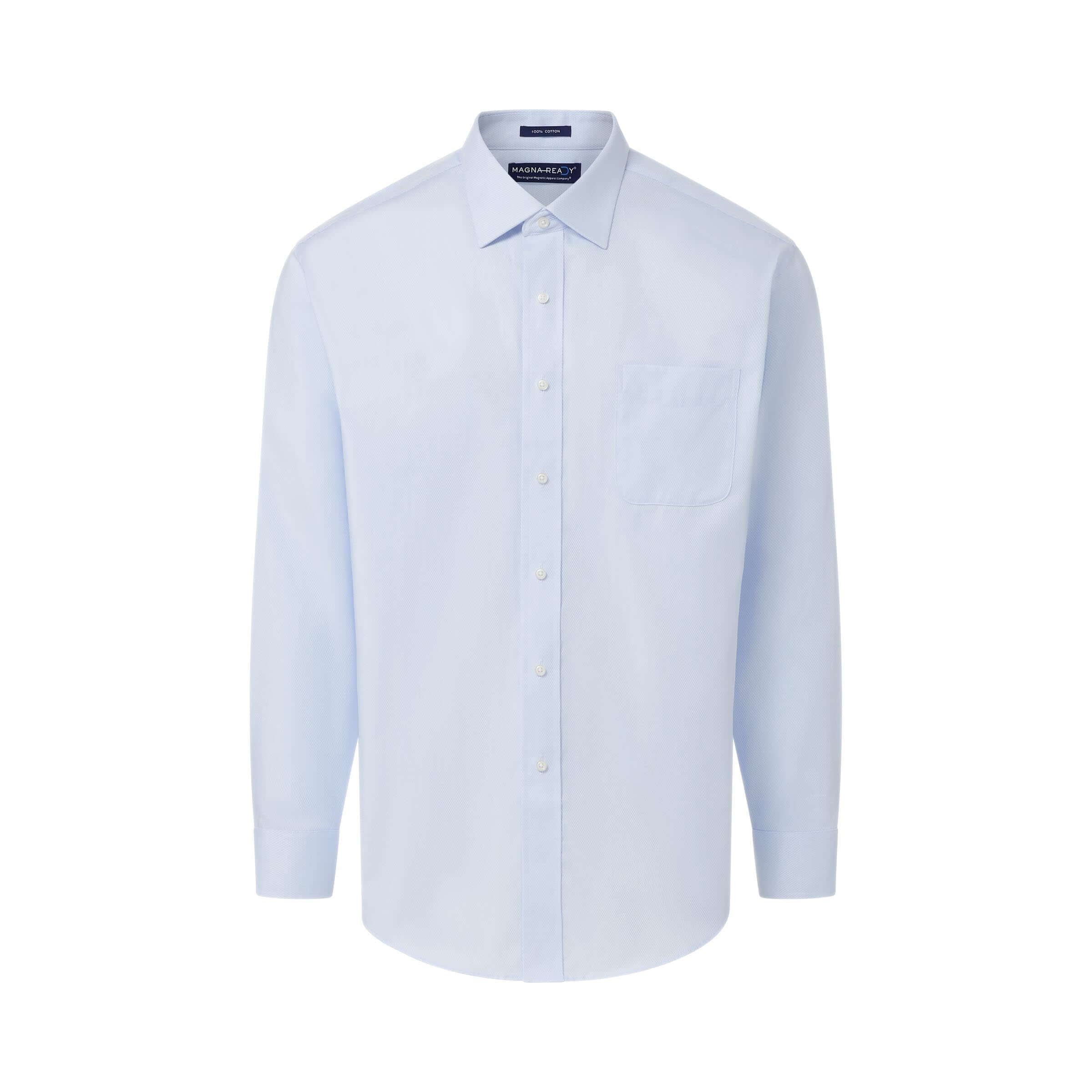 Light blue long sleeve 'Ryan' dress shirt with spread collar and magnetic closures, designed for adaptive wear.