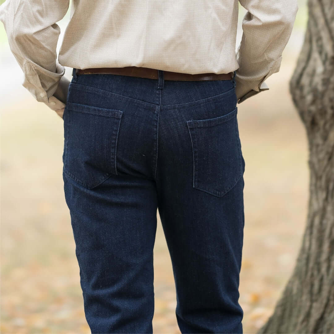Back view of a person wearing Indigo Denim 'MVP' Five Pocket Jeans, showcasing classic style and fit.