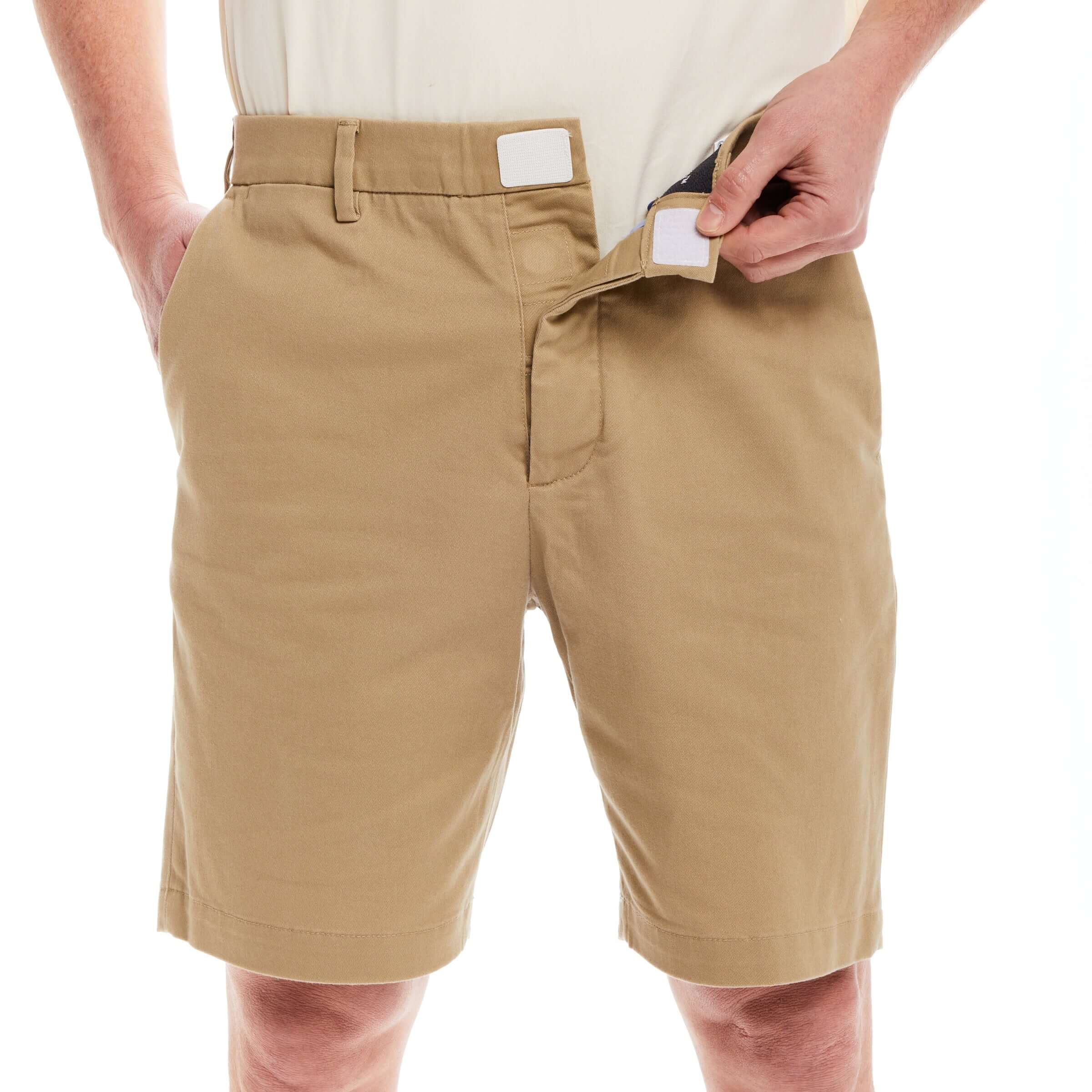 Flat front khaki chino twill shorts with easy-care fabric and magnetic closures for effortless dressing.