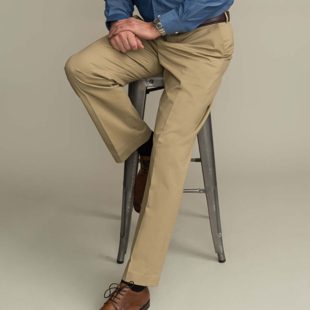 Khaki adaptive chino twill pants by MagnaReady, designed for comfort and ease of wear for individuals with mobility challenges.