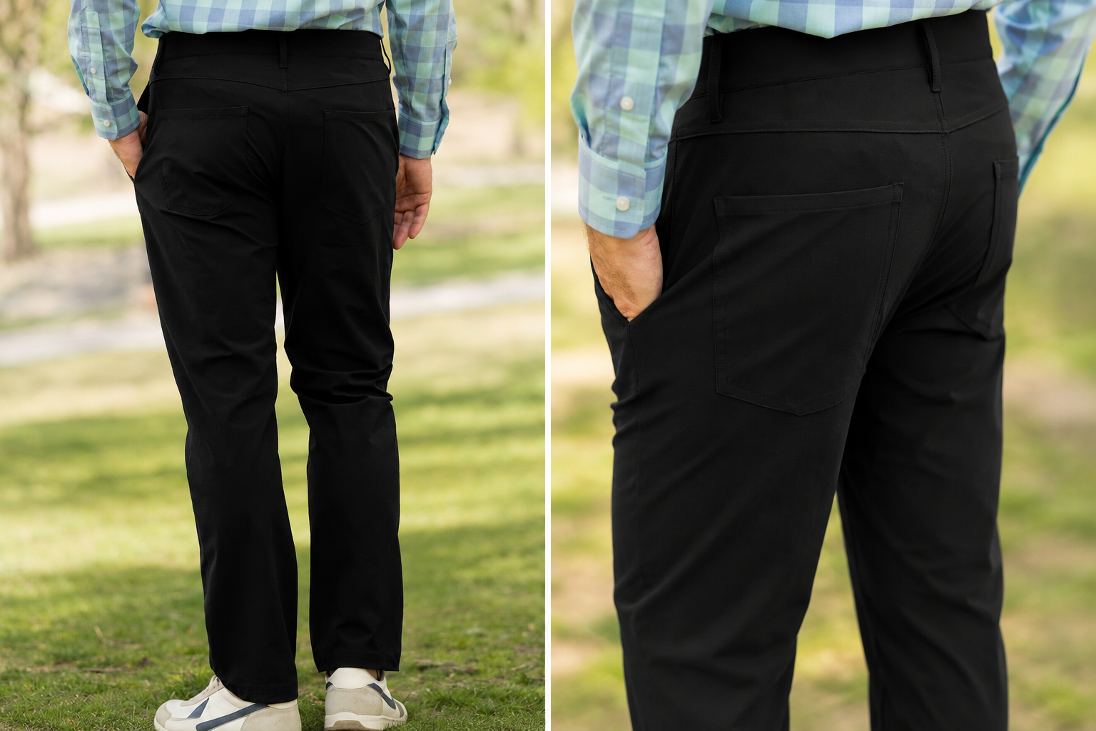 Flat Front Adaptive Stretch Tech Pant with Magnetic Closures - Black, showcasing rear view and pocket design.