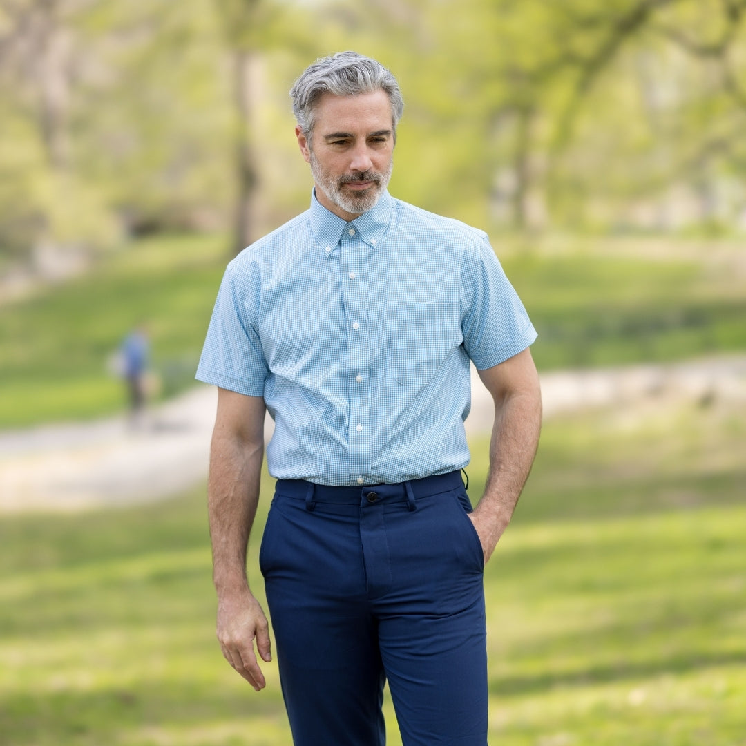 Green and Blue Check Short Sleeve Shirt with Magnetic Closures modeled by a man outdoors.