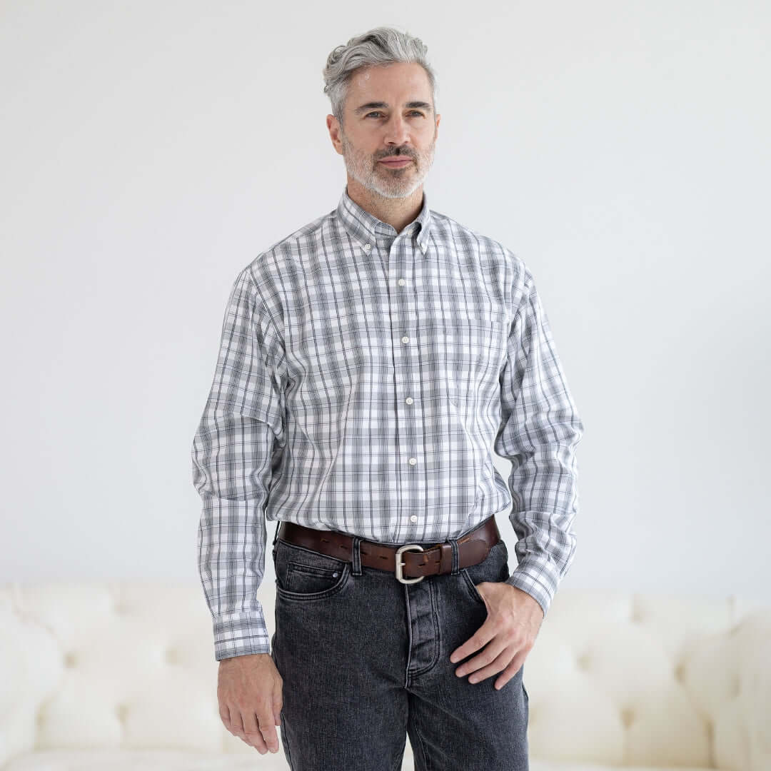 Grey check long sleeve button-down collar shirt with magnetic closures, designed for comfort and ease of dressing.