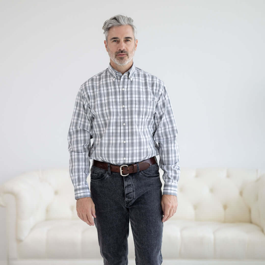 Grey check long sleeve button down shirt with magnetic closures, designed for ease and accessibility.