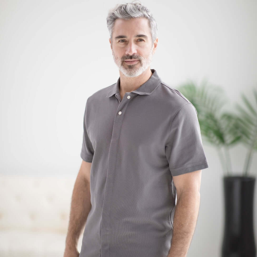 Grey Pique Knit Short Sleeve Polo with Magnetic Closures, ideal for easy dressing and comfort.
