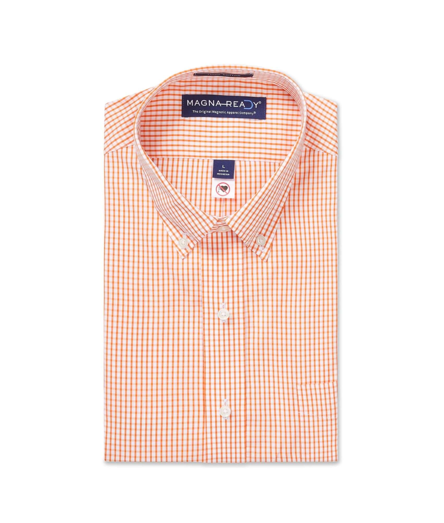 Long sleeve orange and white check shirt with button-down collar and magnetic closures by MagnaReady.