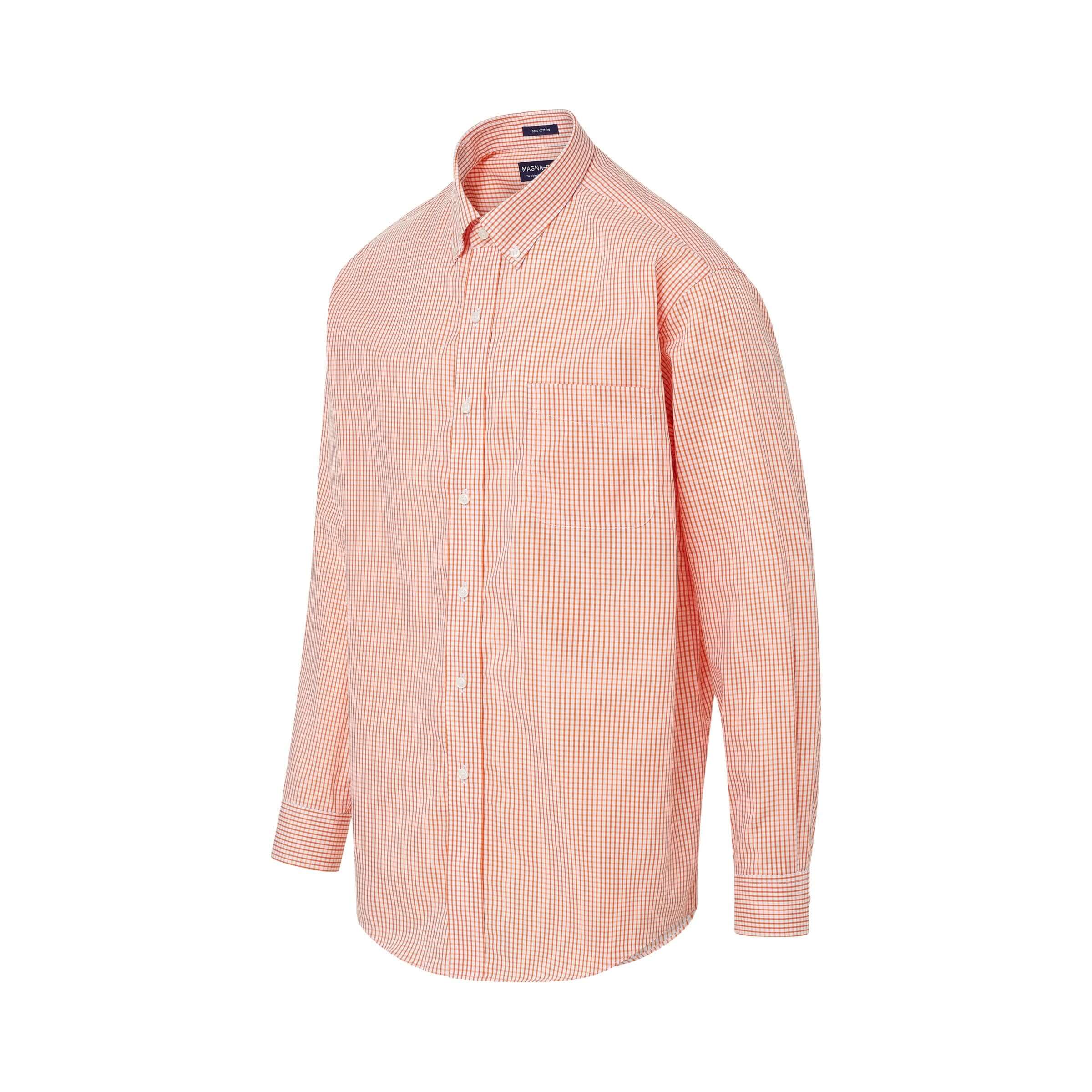 Long sleeve orange and white check shirt with button-down collar and magnetic closures by MagnaReady.