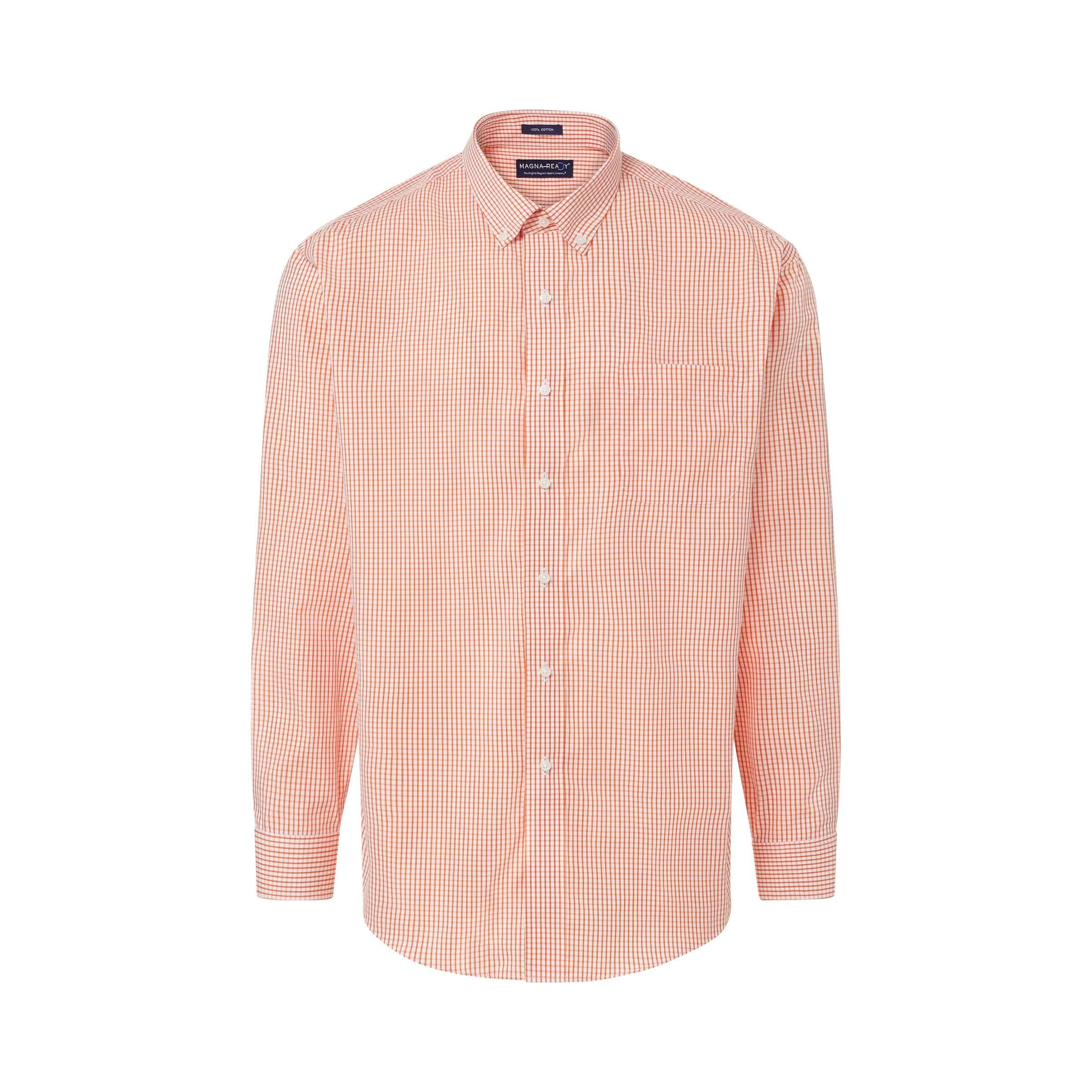 Long sleeve orange and white check shirt with button-down collar and magnetic closures for adaptive wear.