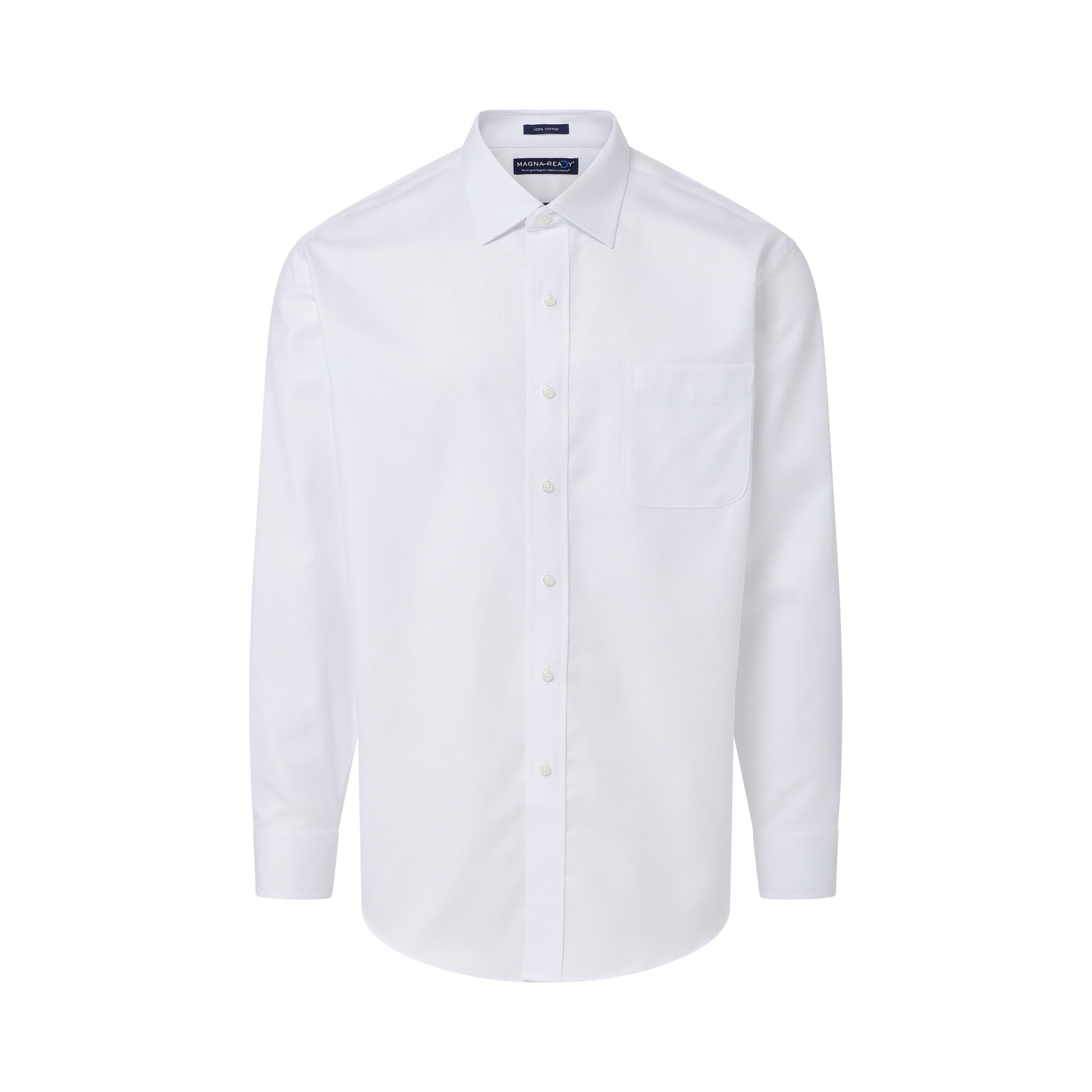 Long sleeve white 'Ryan' dress shirt with magnetic closures, made from 100% cotton poplin, adaptive clothing for comfort.