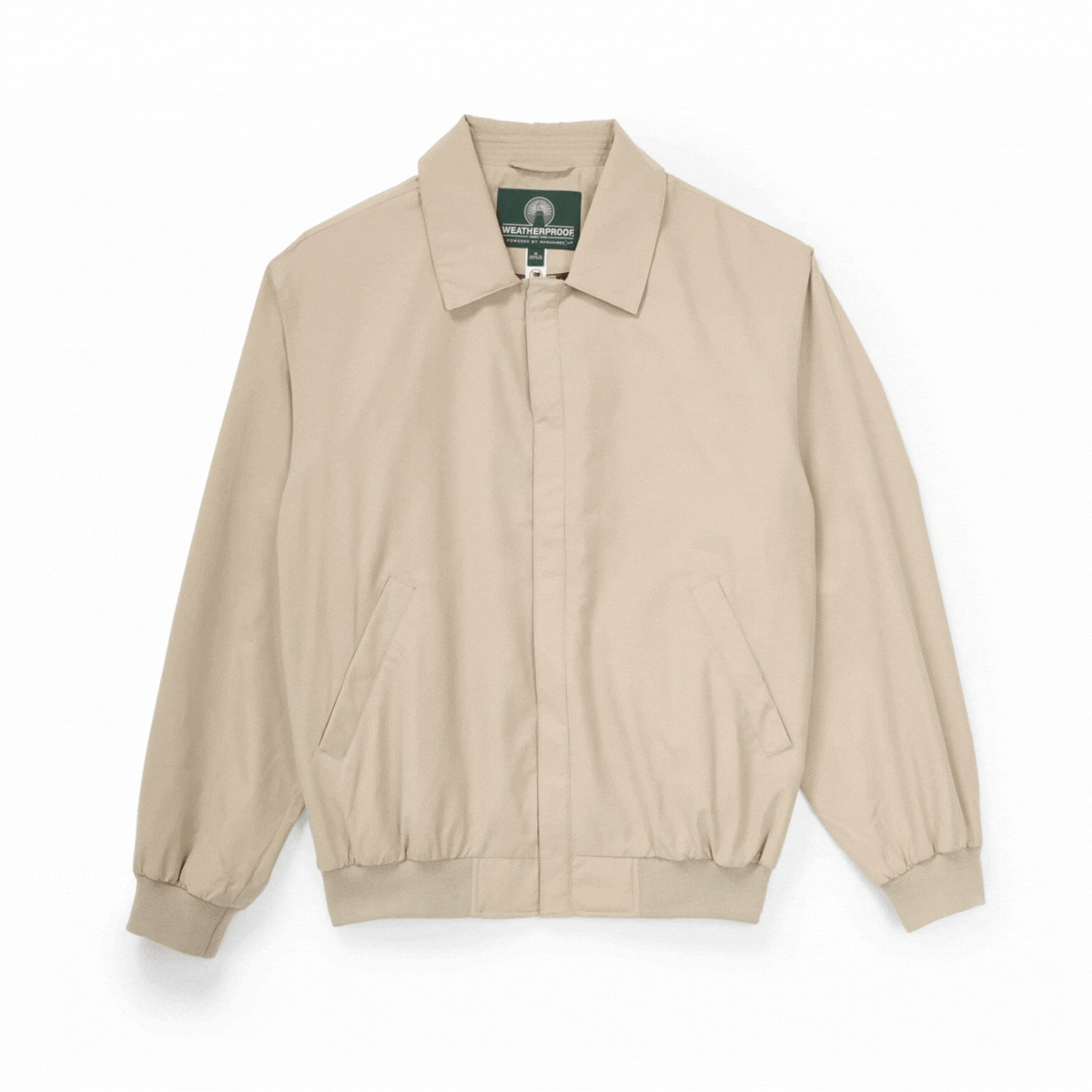 MagnaReady x Weatherproof classic magnetized front golf jacket in new stone, lightweight and water-resistant.