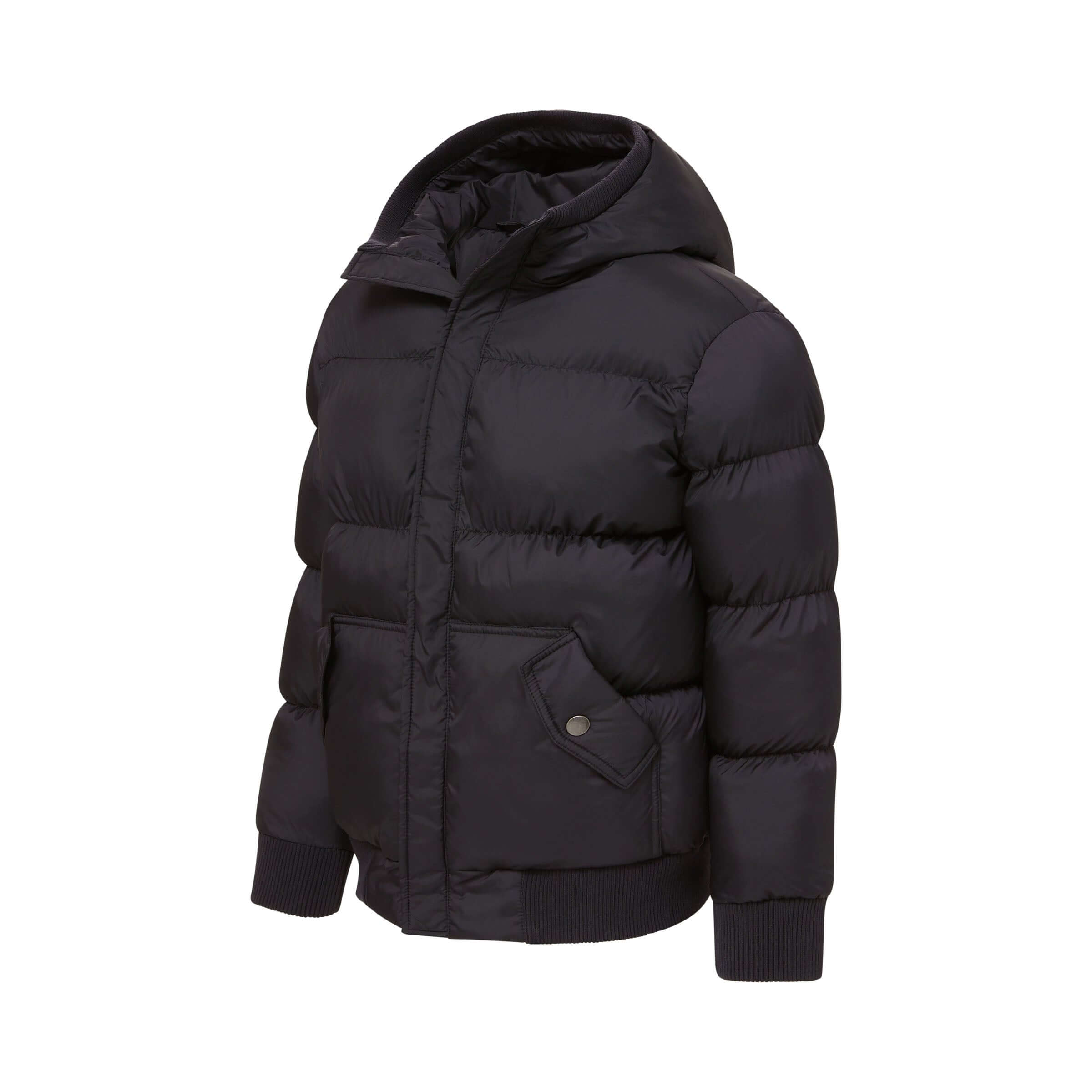 MagnaMini kids black puffer coat with hood, water-resistant and magnetic closure for easy wear.