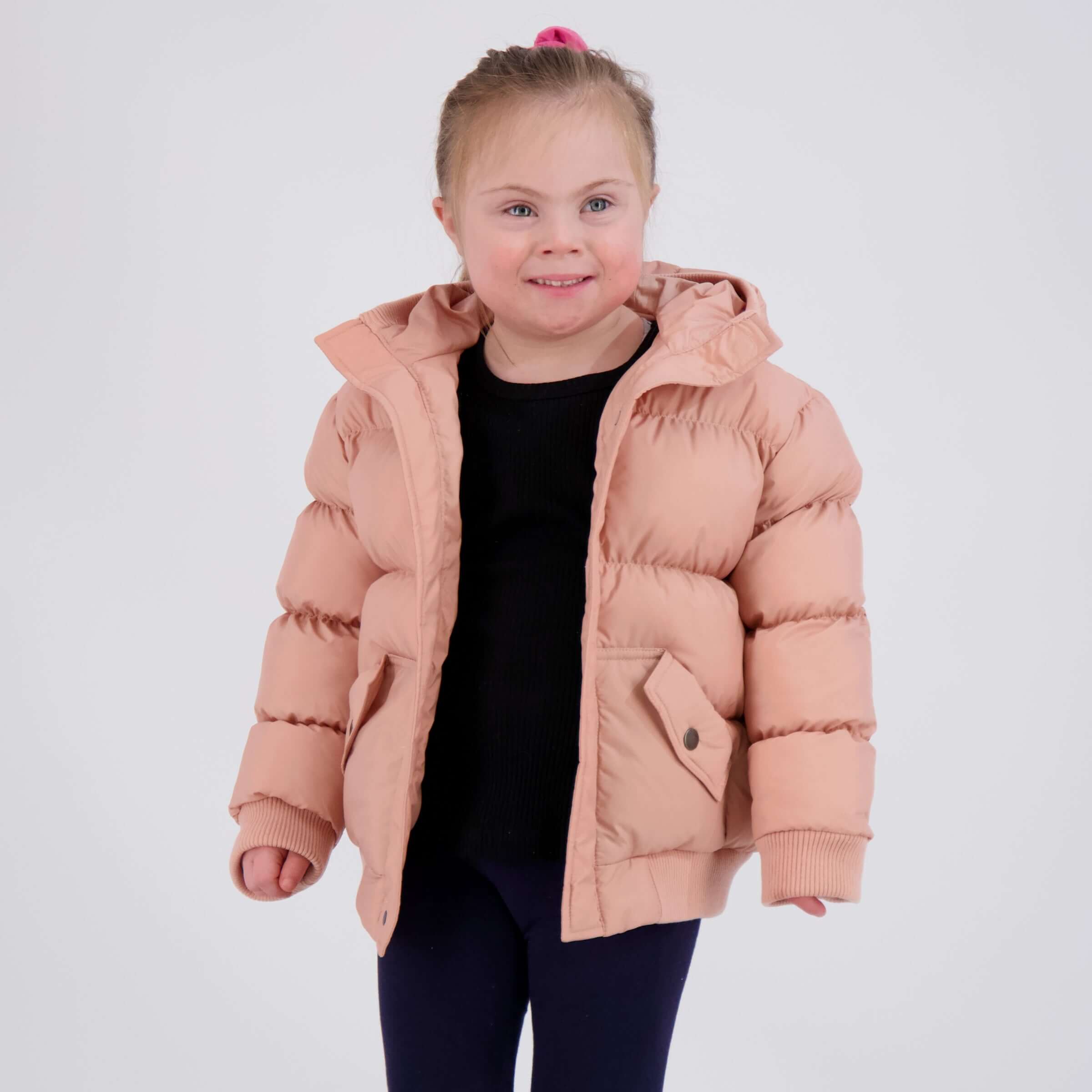 MagnaMini kids pink water-resistant puffer coat with hood, perfect for independent dressing and warmth.