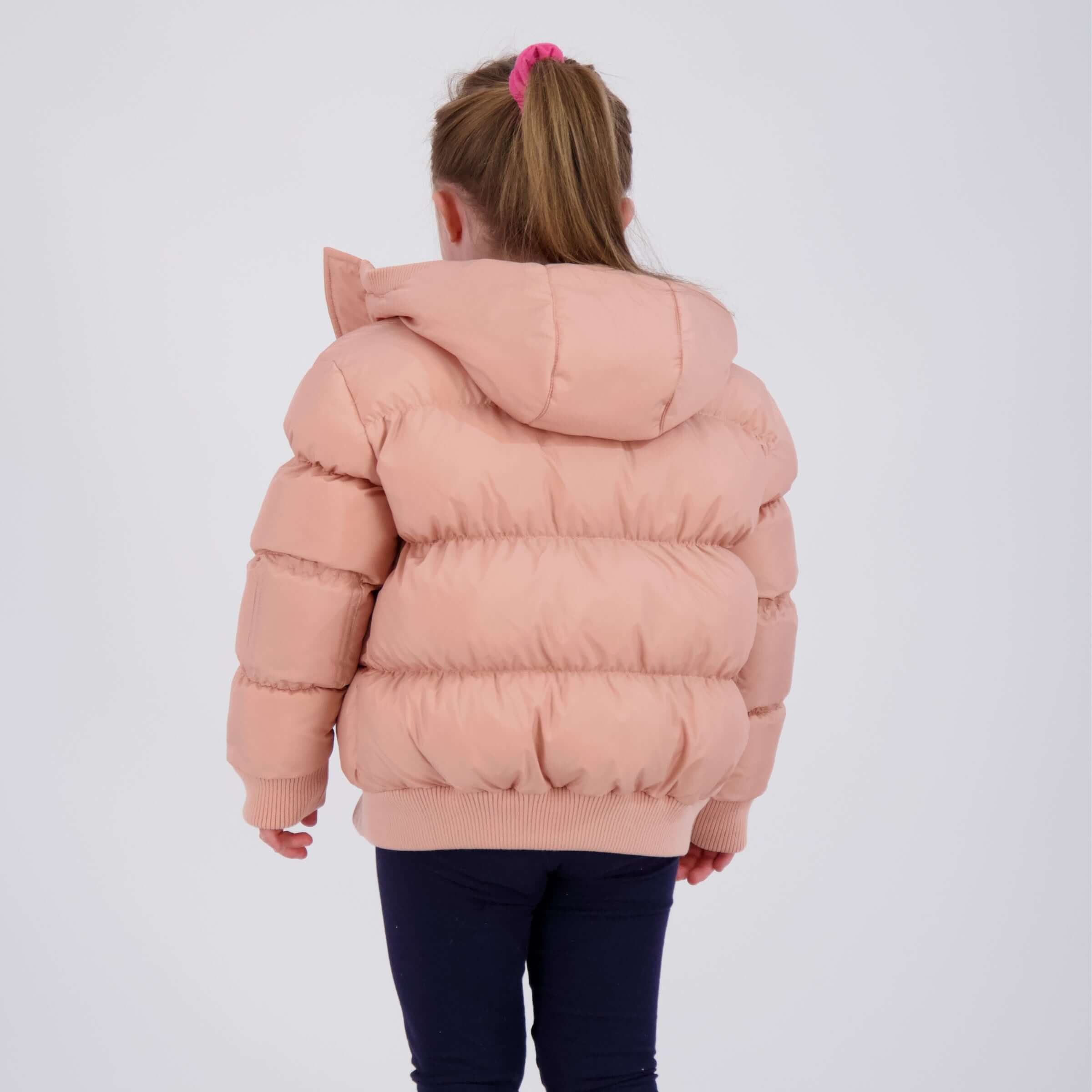 Back view of a girl in a pink MagnaMini puffer coat with hood, showcasing the cozy design and warmth.