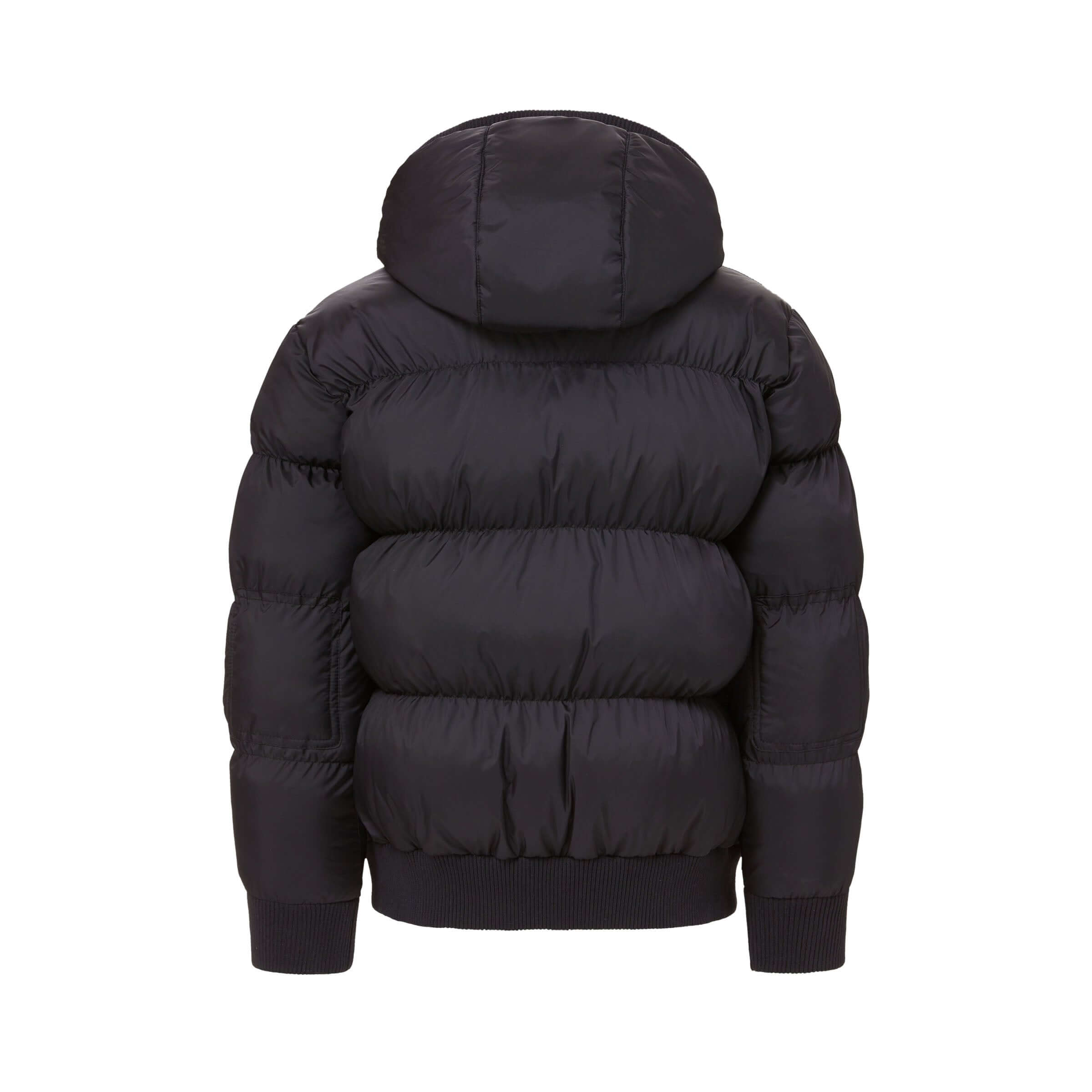 Back view of MagnaMini black kids magnetic front puffer coat with hood, showcasing its cozy design.