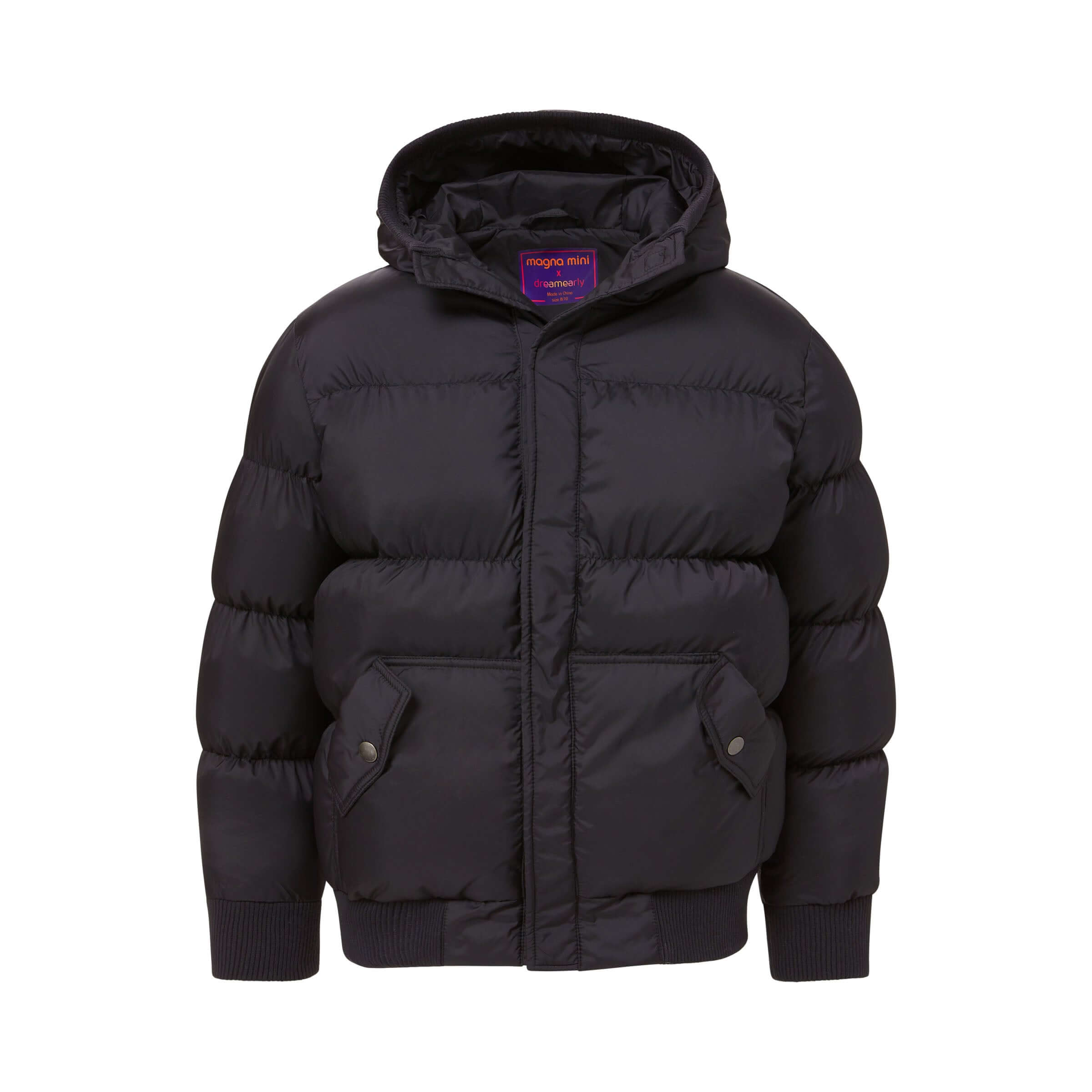 MagnaMini kids magnetic black puffer coat with hood, water-resistant, perfect for independent dressing.
