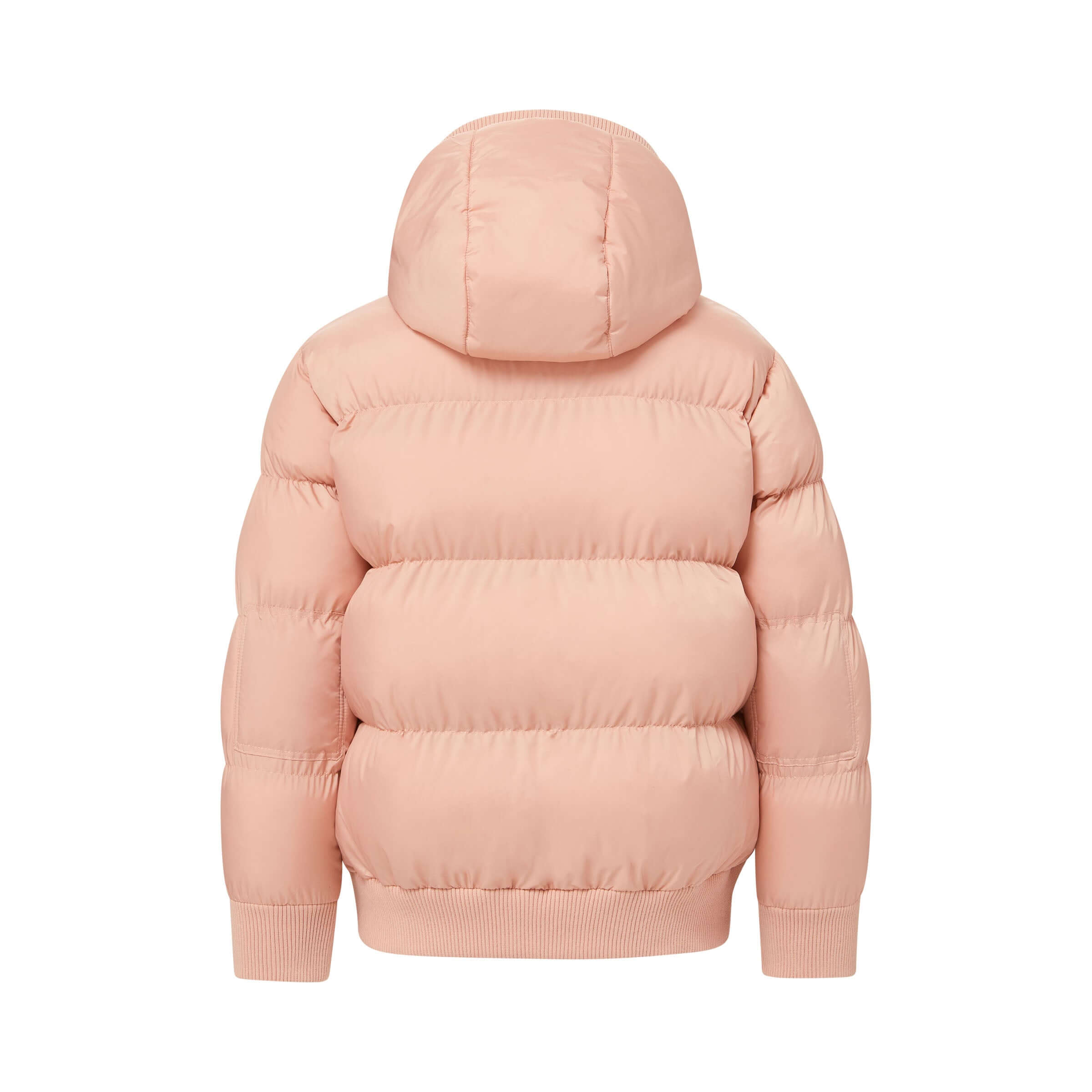 Back view of MagnaMini pink kids puffer coat, water-resistant with hood, designed for easy dressing with magnetic closure.