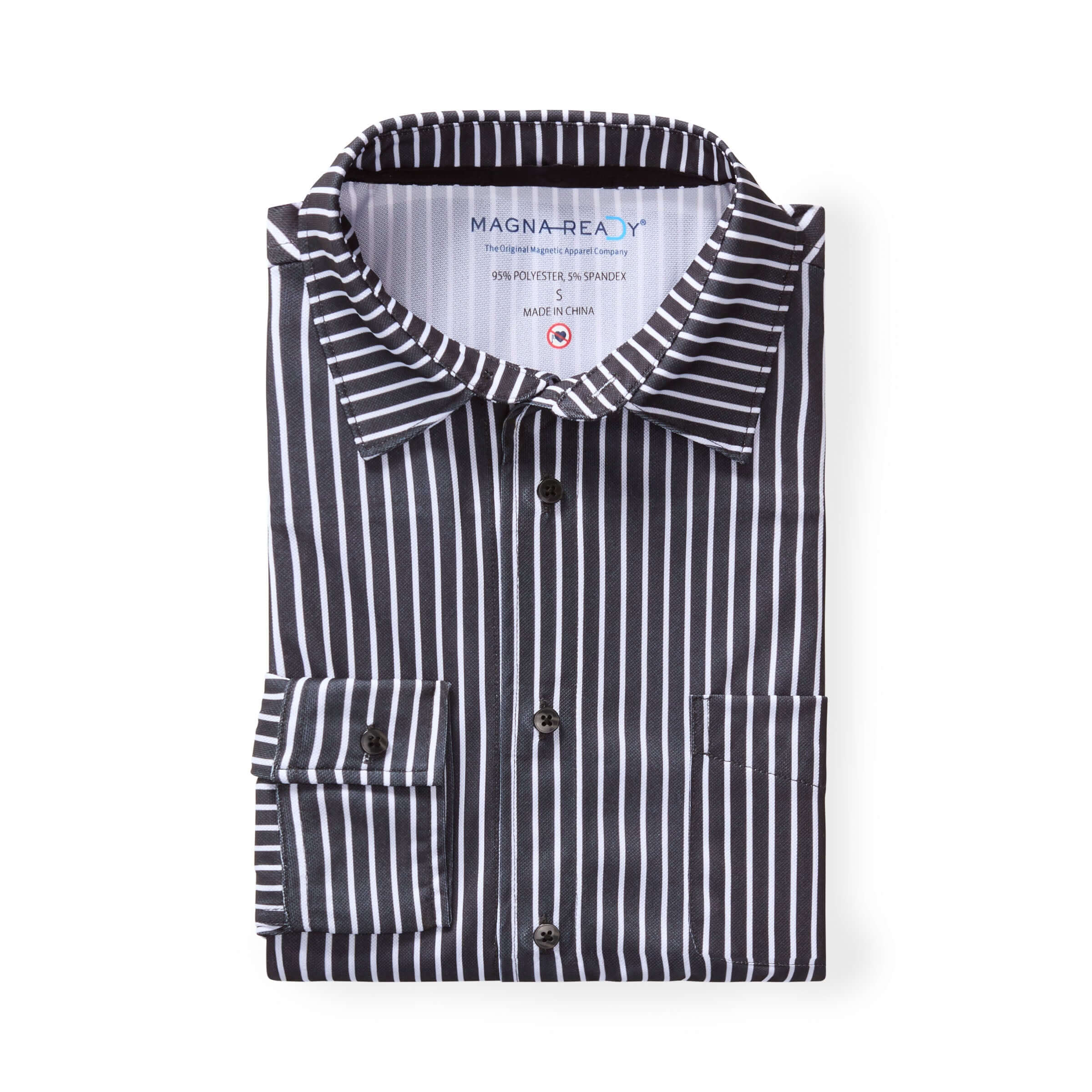 MagnaReady black stripe magnetic button long sleeve shirt folded with pocket.