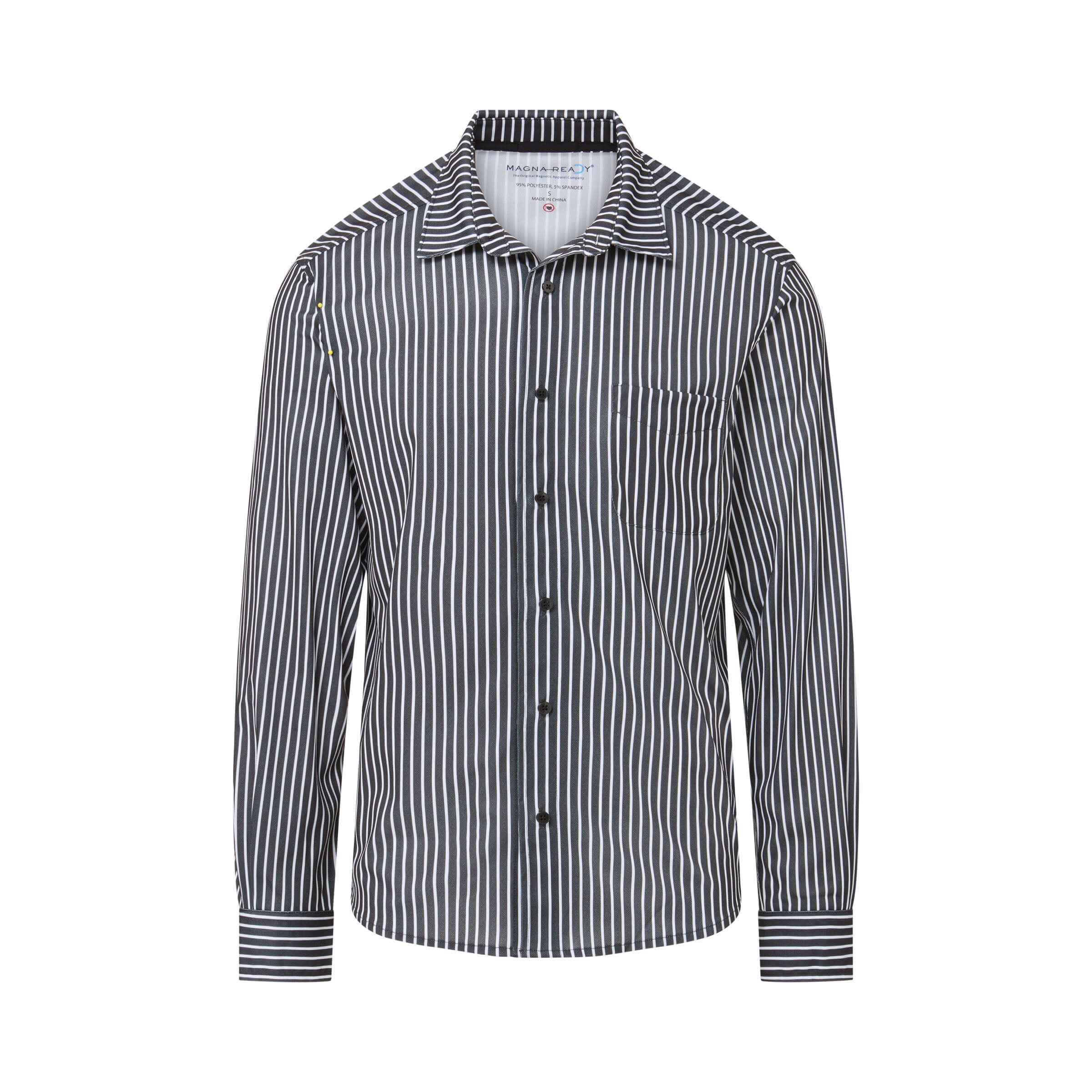 MagnaReady black stripe magnetic long sleeve tech shirt with pocket, perfect for comfort and convenience.