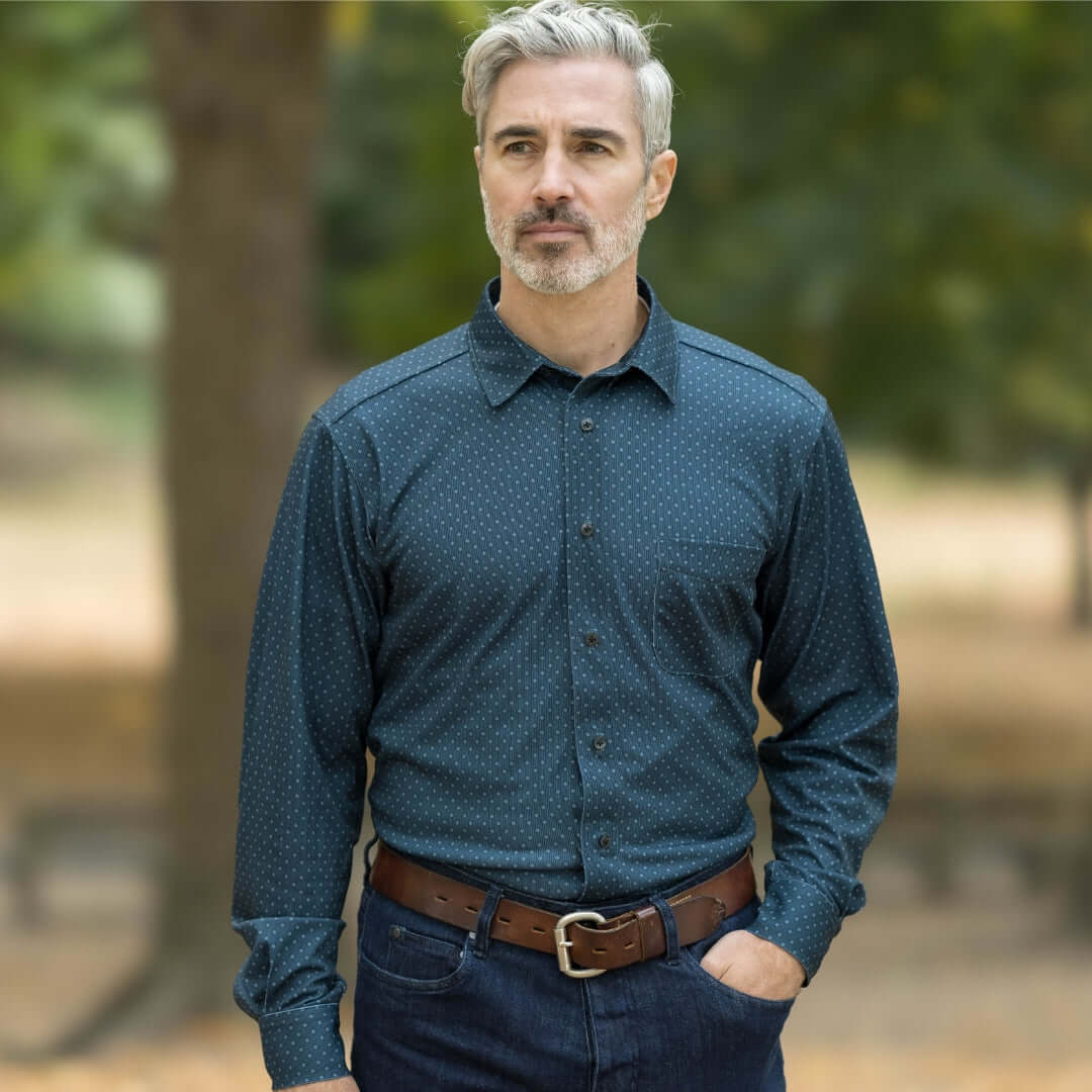 Man wearing a MagnaReady blue check magnetic long sleeve shirt outdoors, showcasing comfort and style.