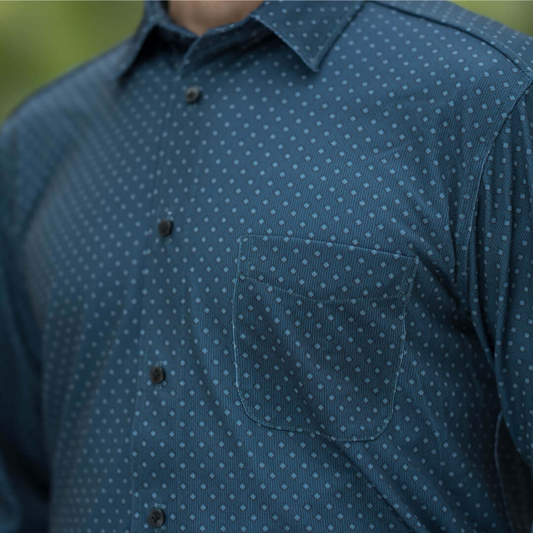MagnaReady blue check long sleeve cooling shirt featuring magnetic buttons and chest pocket.