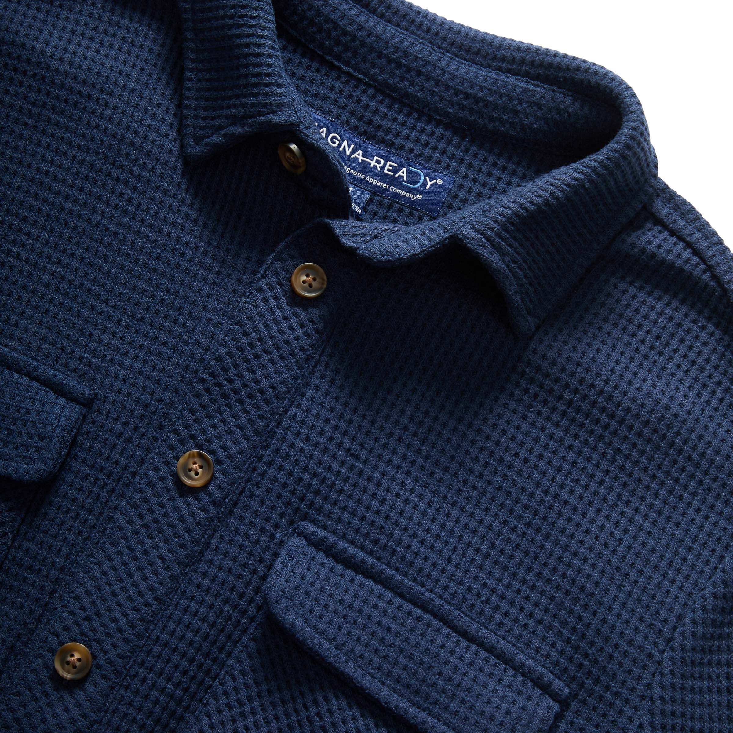 Navy Magnetic Front WaffleWeave Casual Shirt featuring dual pockets and soft knit fabric.