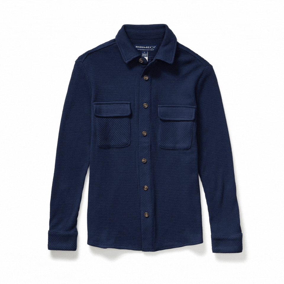Navy Magnetic Front WaffleWeave Casual Shirt with dual pockets, perfect for comfort and style.