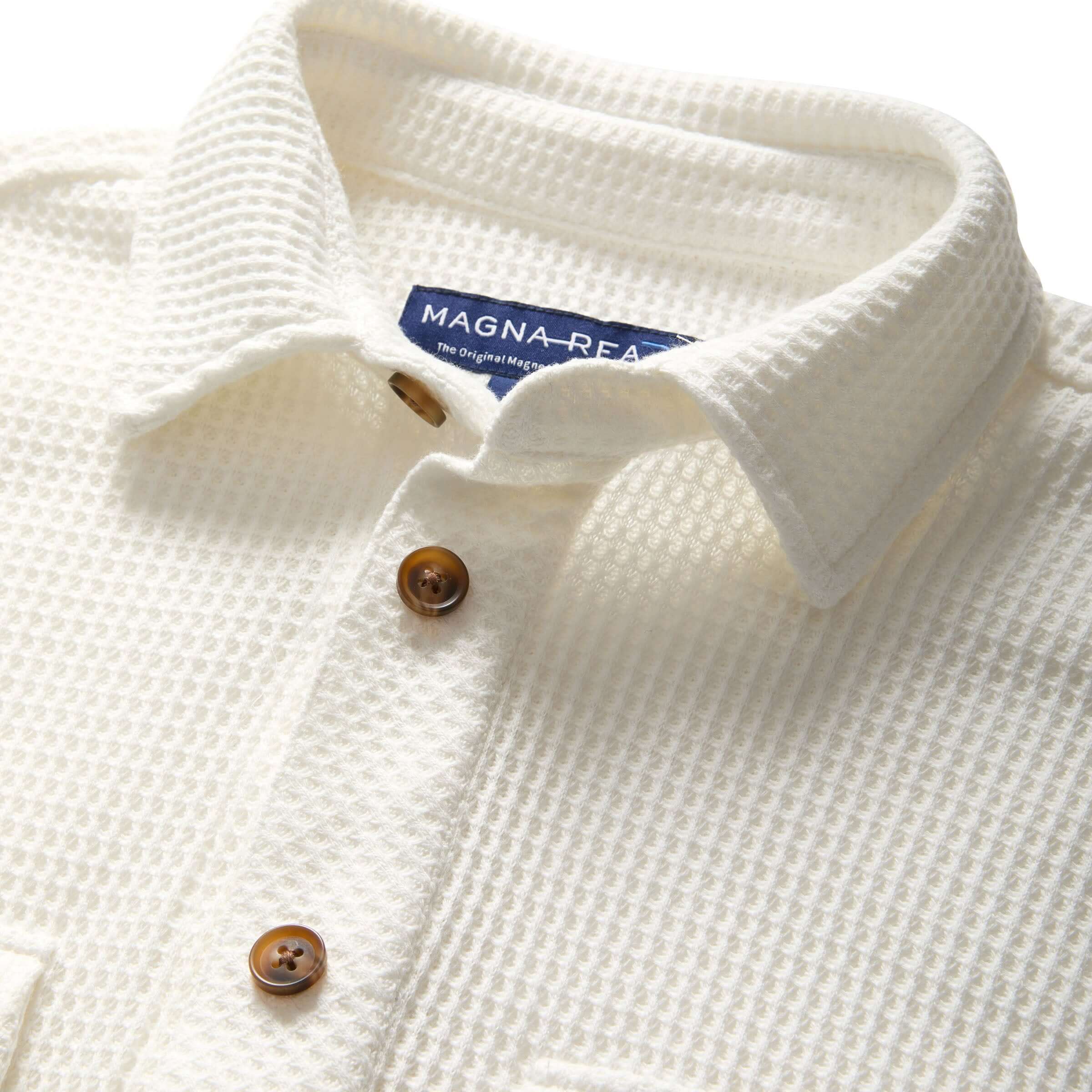 White Magnetic Front Waffle Weave Casual Shirt with dual oversized pockets and button details.