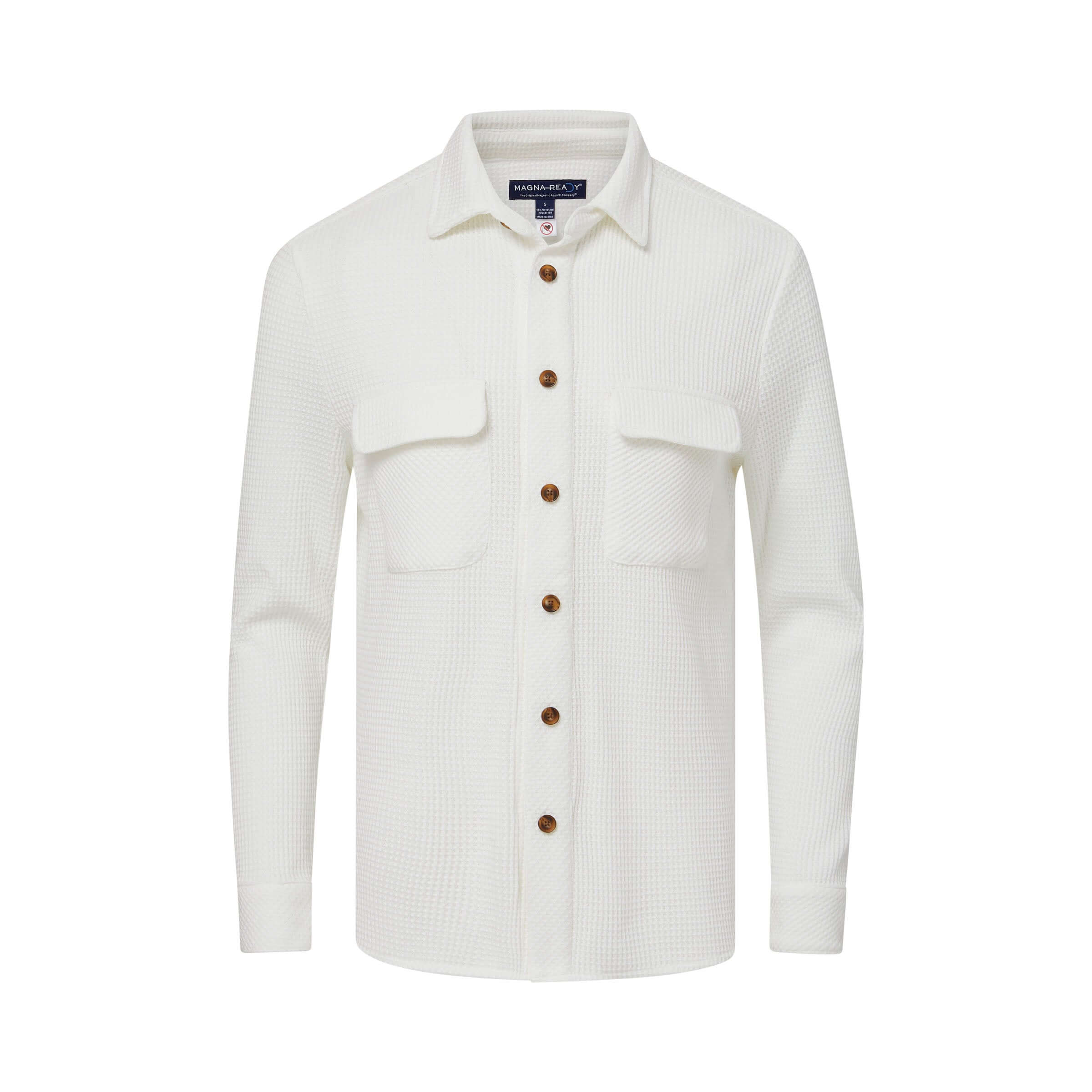White waffle weave casual shirt with magnetic front buttons and dual oversized pockets.