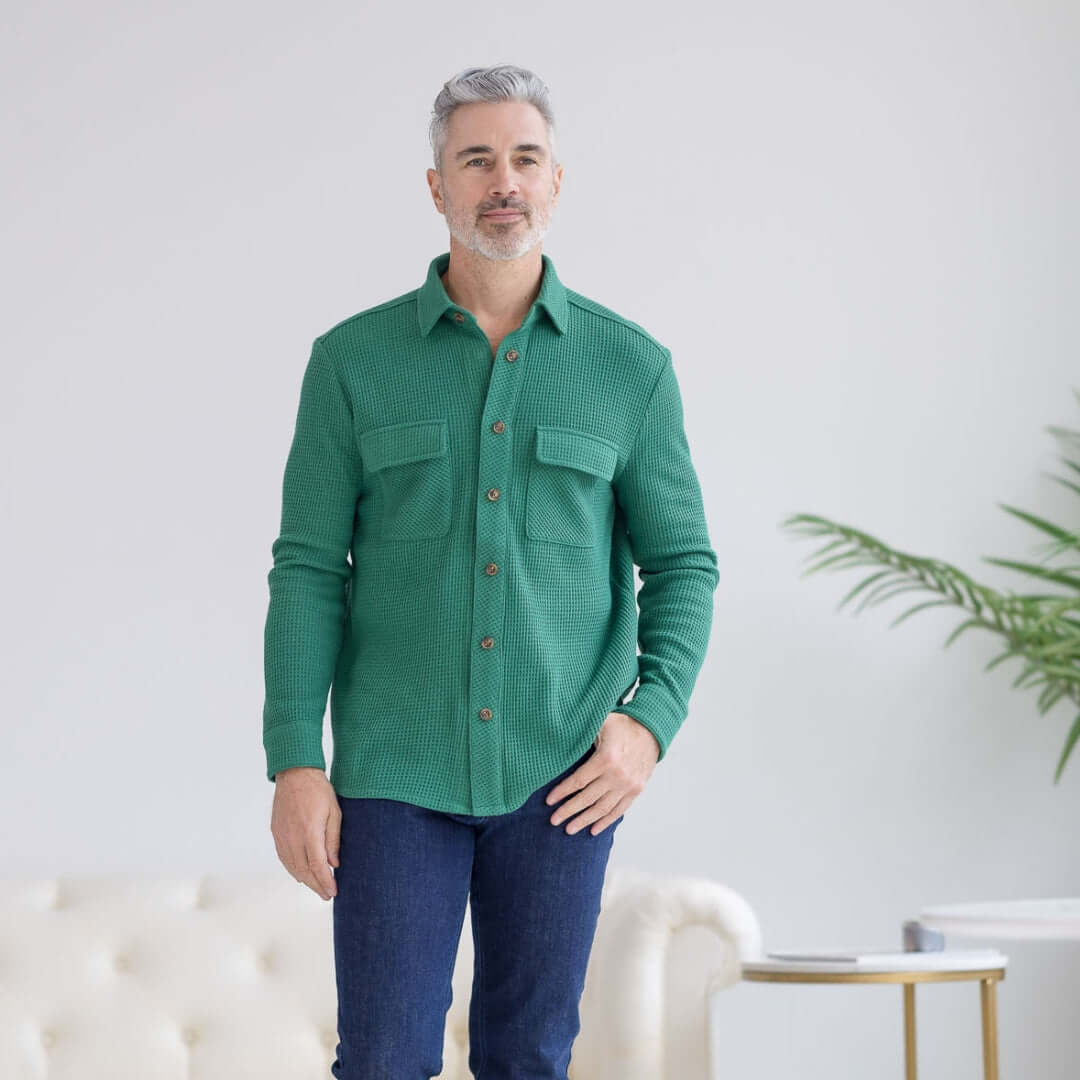 WaffleWeave Magnetic Casual Shirt in green with dual oversized pockets, designed for comfort and independence.