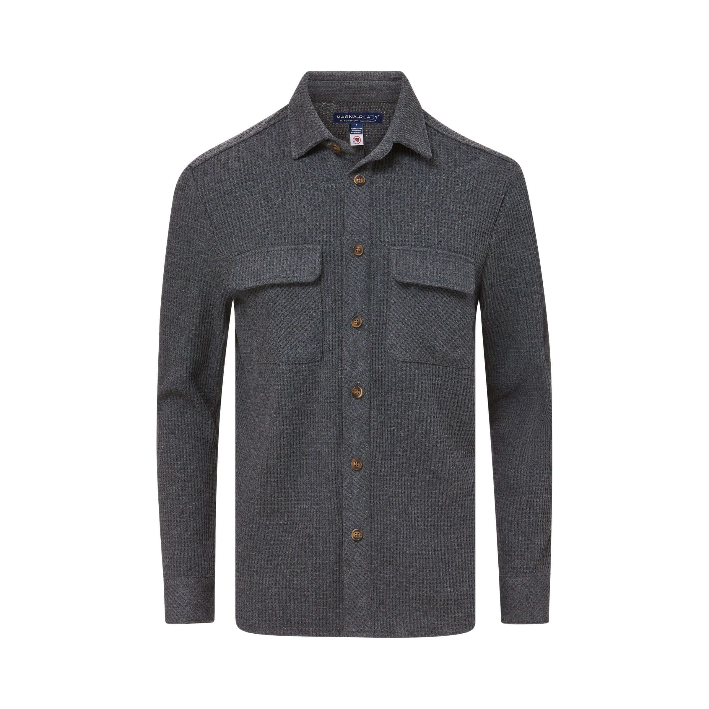 Charcoal Magnetic Front WaffleWeave Casual Shirt with dual oversized pockets, perfect for comfort and style.