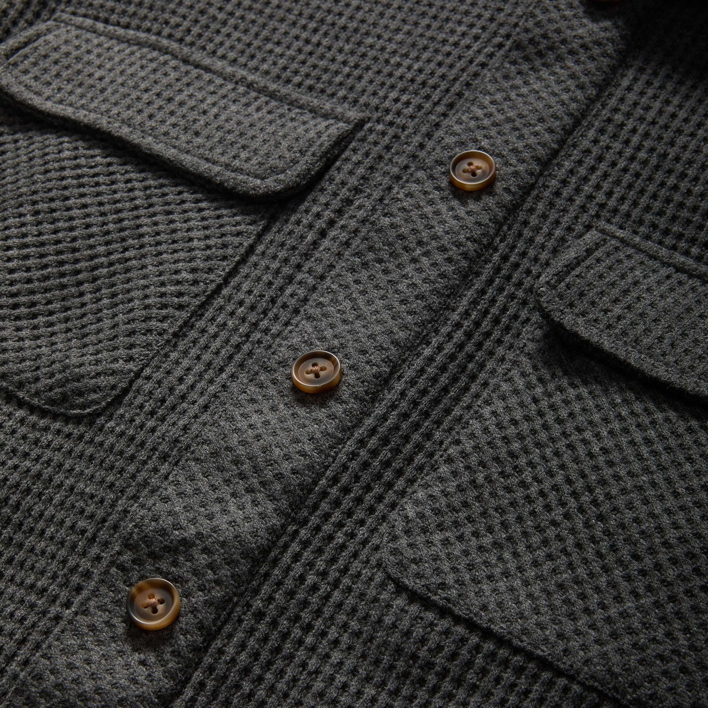 Magnetic front button WaffleWeave casual shirt in charcoal with dual oversized pockets and brown buttons.