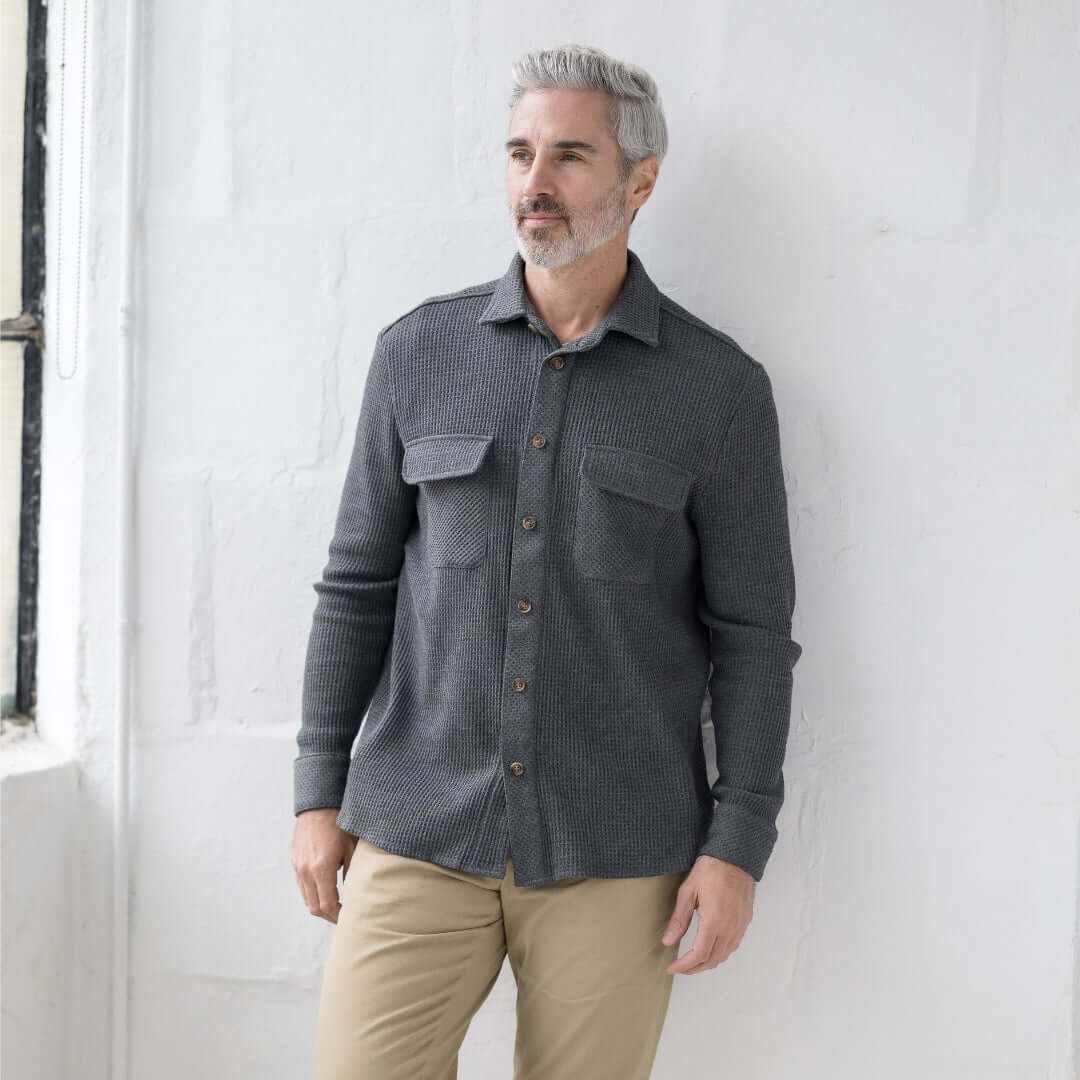 Magnetic Front WaffleWeave Casual Shirt in Charcoal featuring dual oversized pockets, perfect for comfort and style.