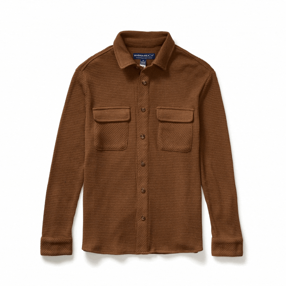 Magnetic front casual shirt in choco color with dual pockets, crafted from waffle knit fabric for comfort.