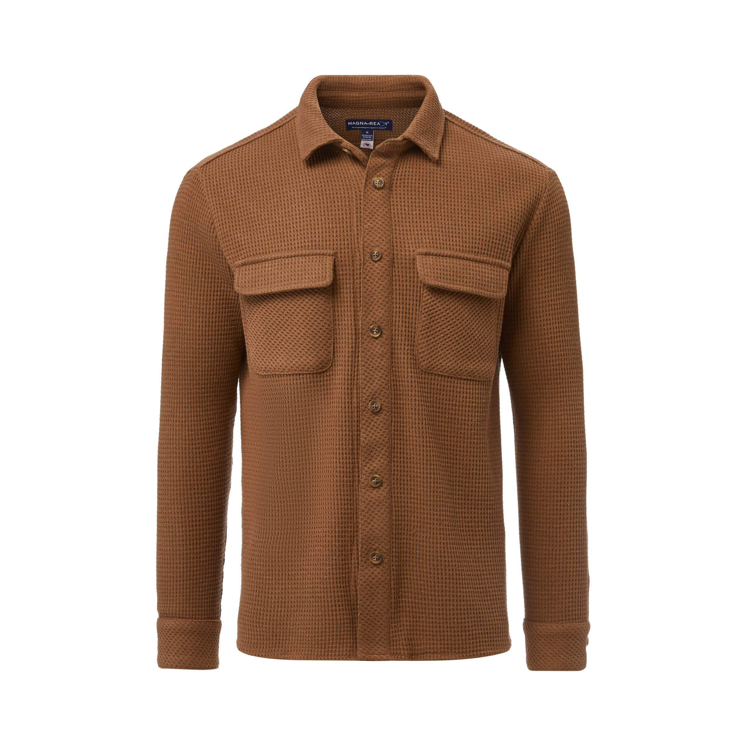 Magnetic Front WaffleWeave Casual Shirt with dual pockets in Choco color, made from cozy waffle knit fabric.