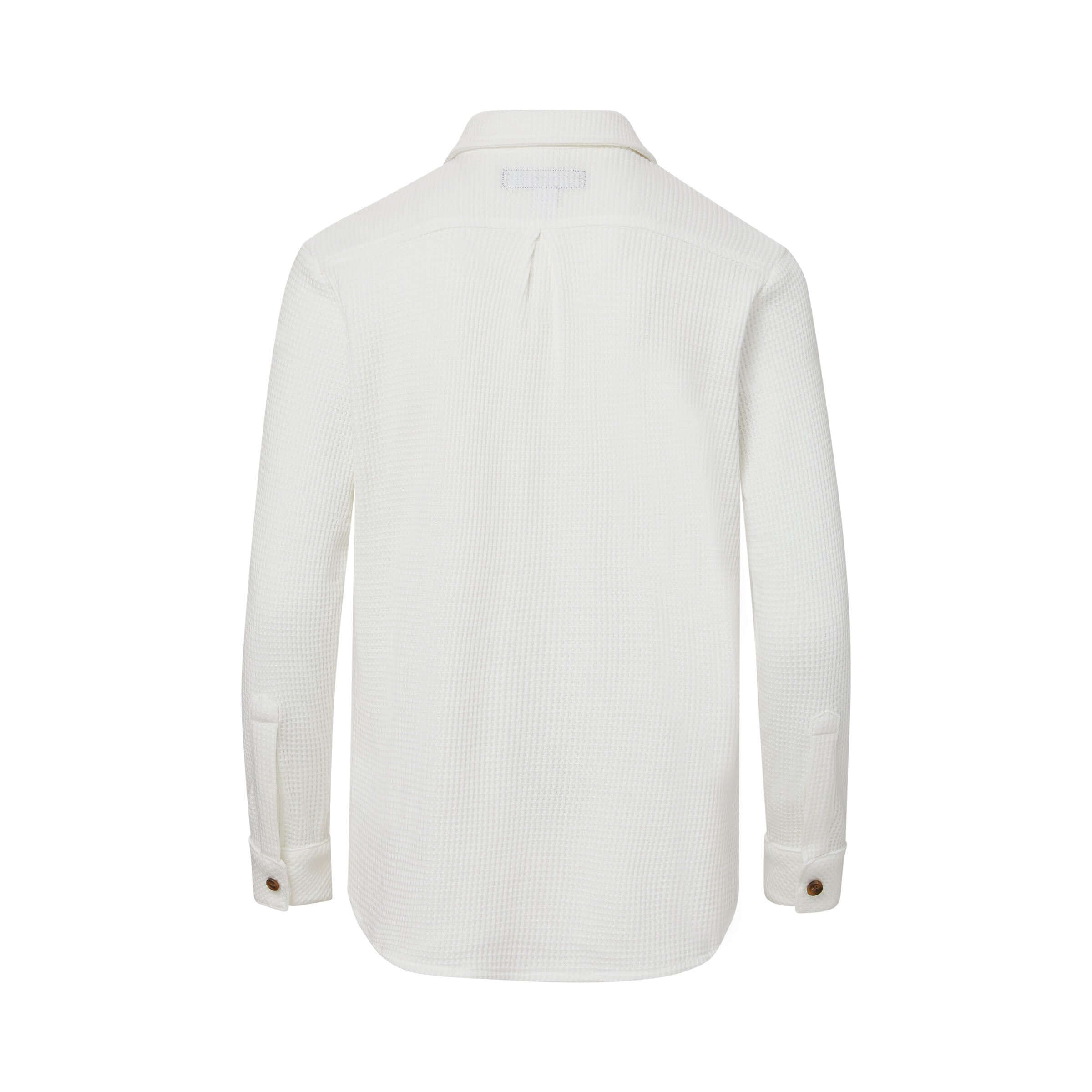 Back view of a white waffle weave casual shirt with dual oversized pockets and button details.
